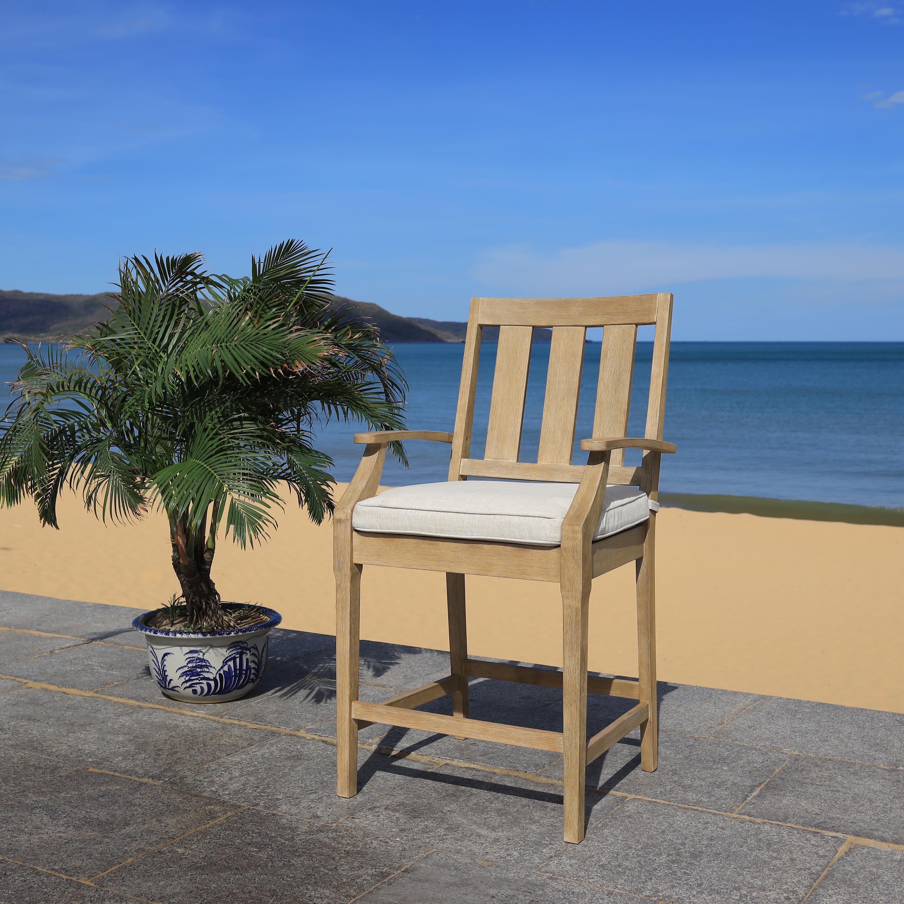 Transitional Eucalyptus Wood Outdoor Bar Stools, Brown/White Cushions - Set of 2