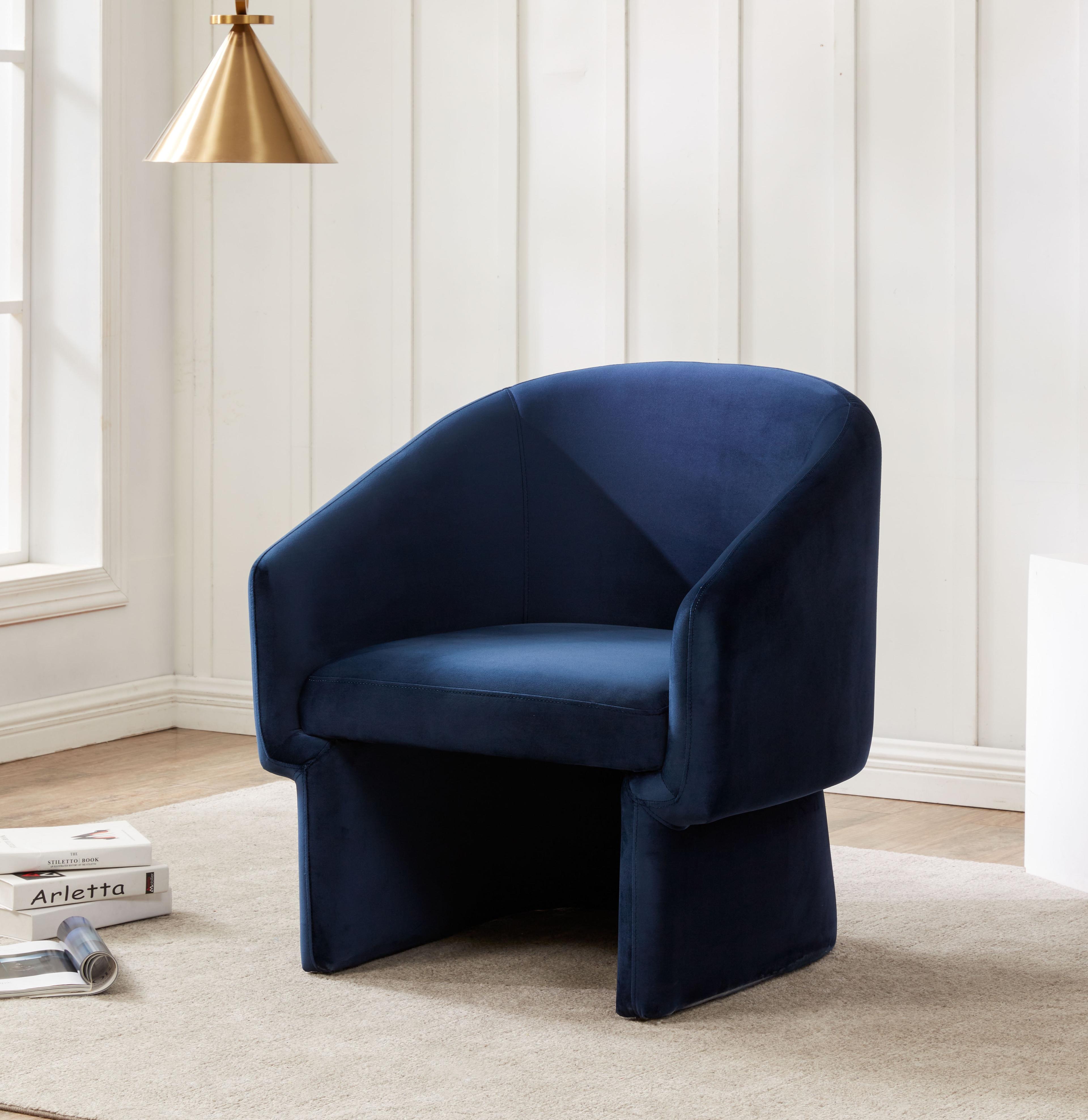 Contemporary Navy Velvet Barrel Accent Chair with Wood Base