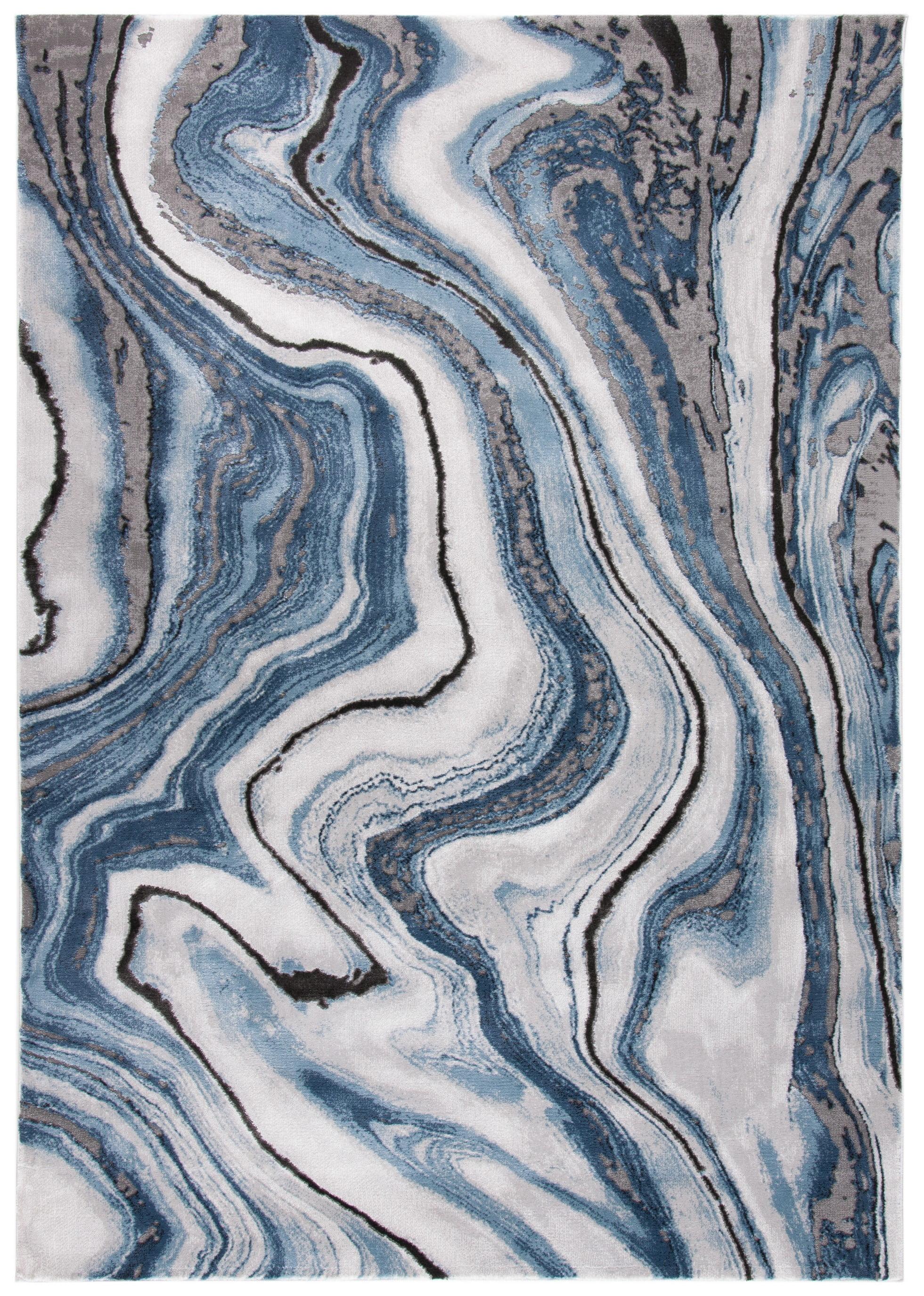 Elysian Swirls Hand-Knotted Abstract Rug in Blue/Grey, 27" x 4"