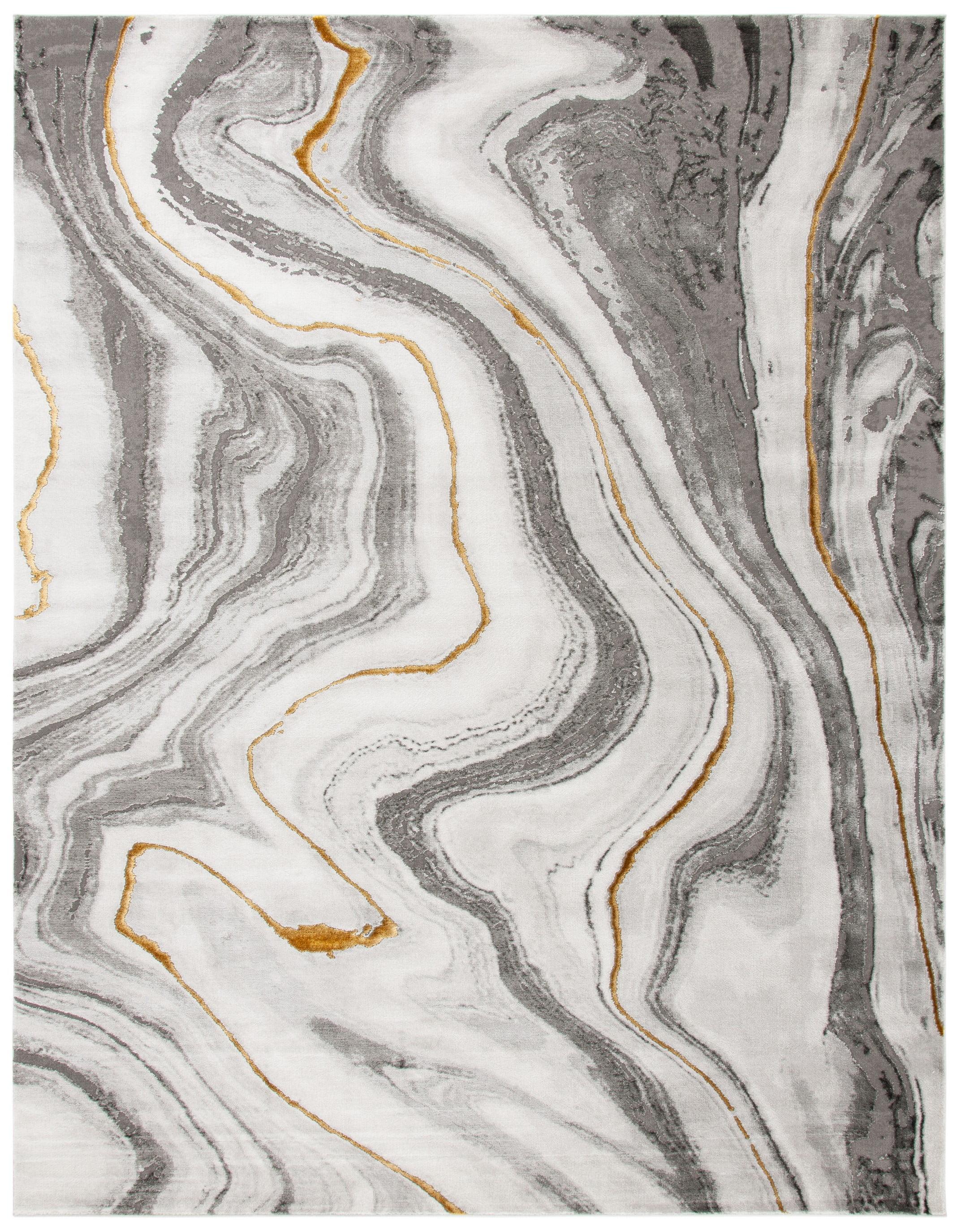 Elegant Grey and Gold Abstract Synthetic Area Rug, 12' x 18'