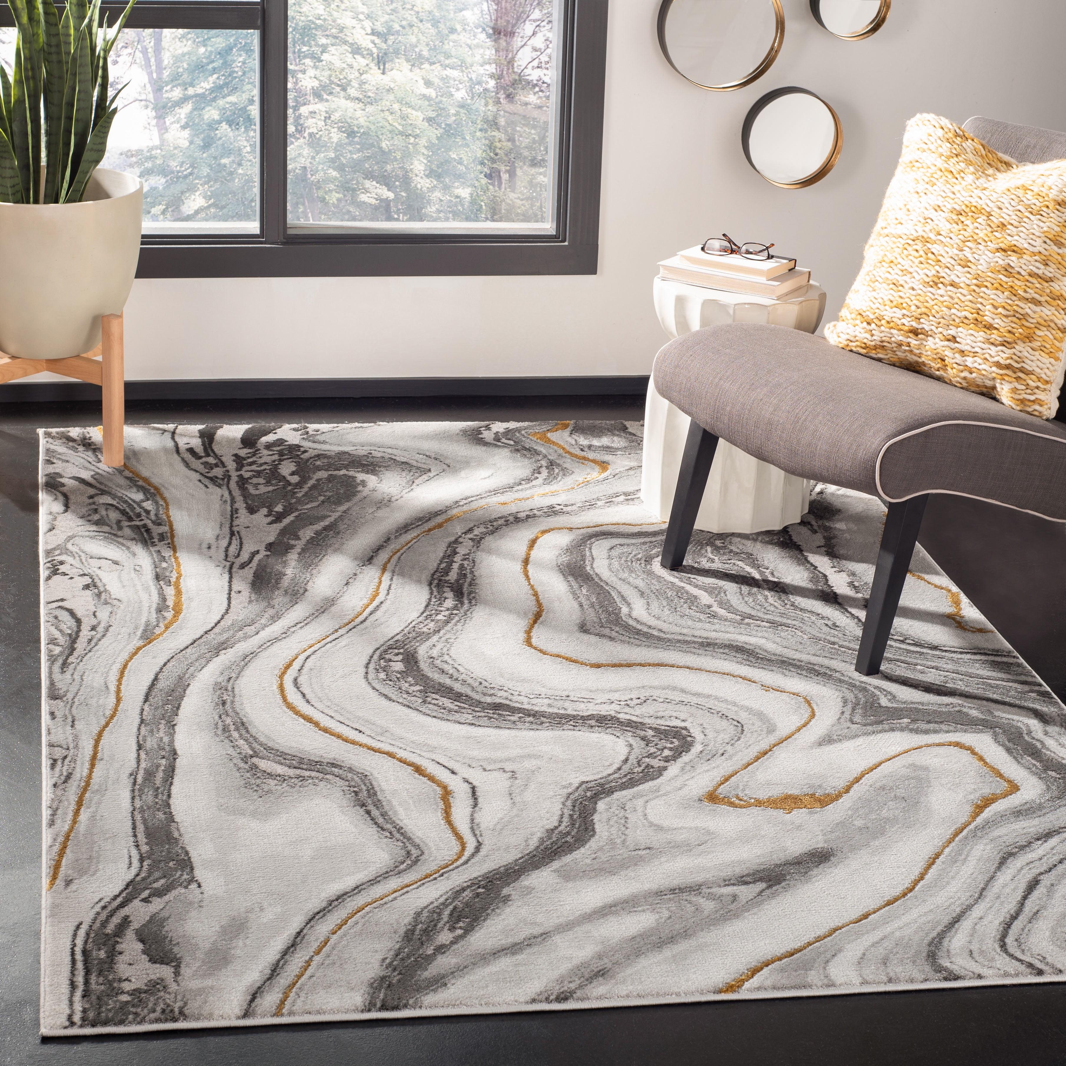 Elysian Abstract Grey and Gold 54'' Square Synthetic Rug