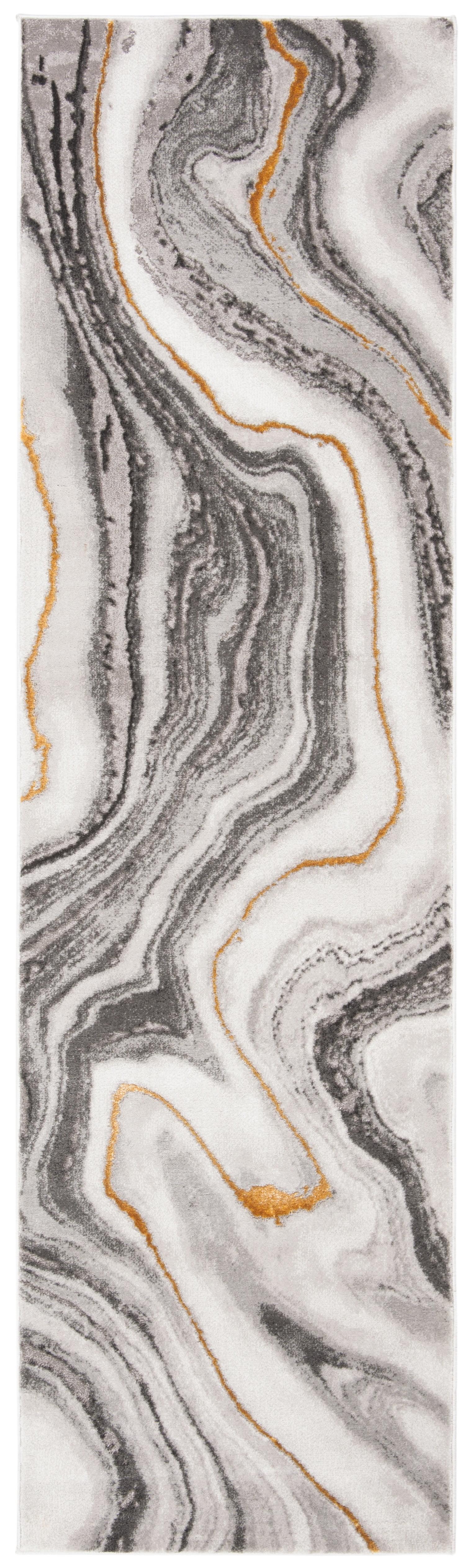 Reversible Gold and Grey Abstract Synthetic Easy-Care Runner Rug