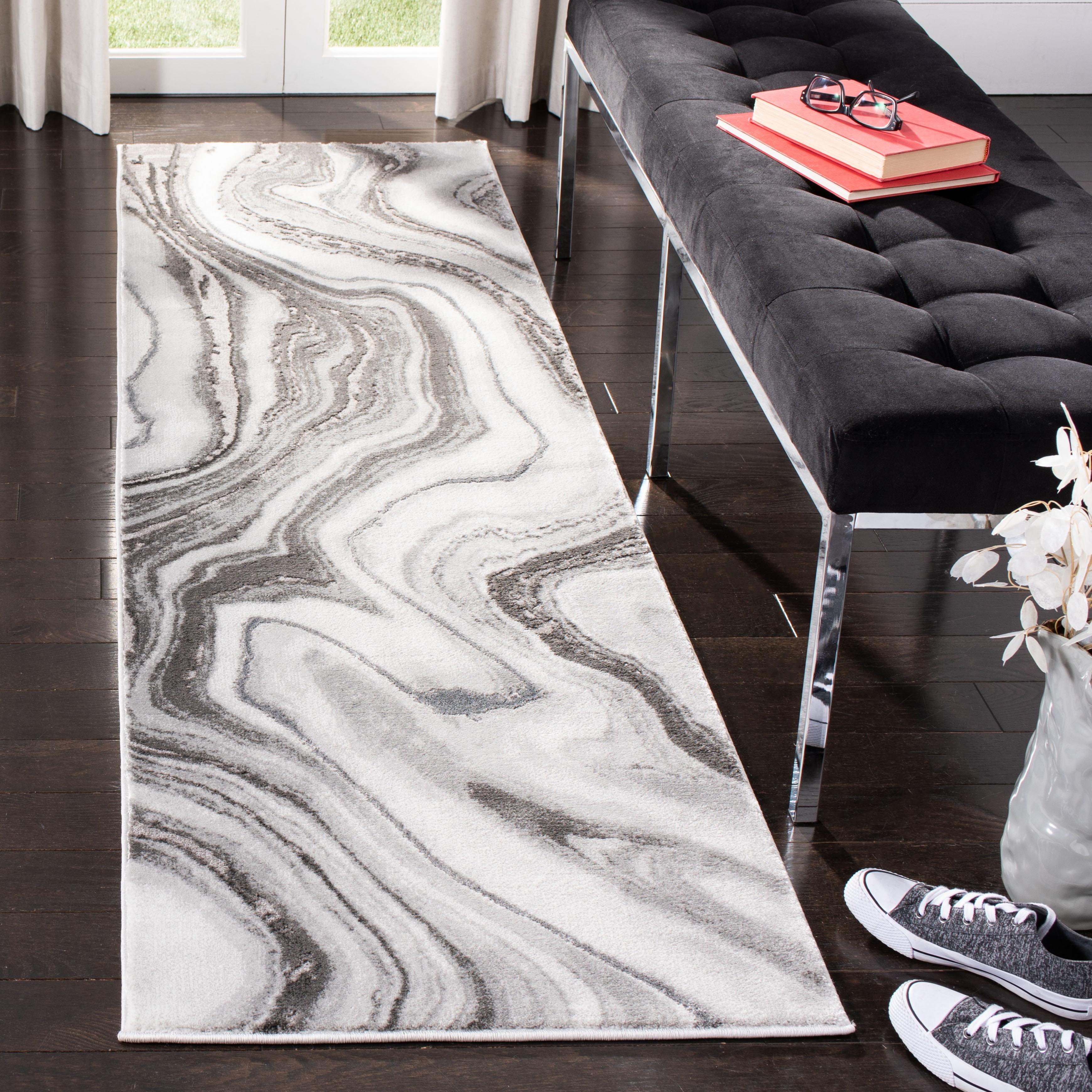 Elysian Swirls Abstract Runner Rug in Grey & Silver, 2'3" x 6'