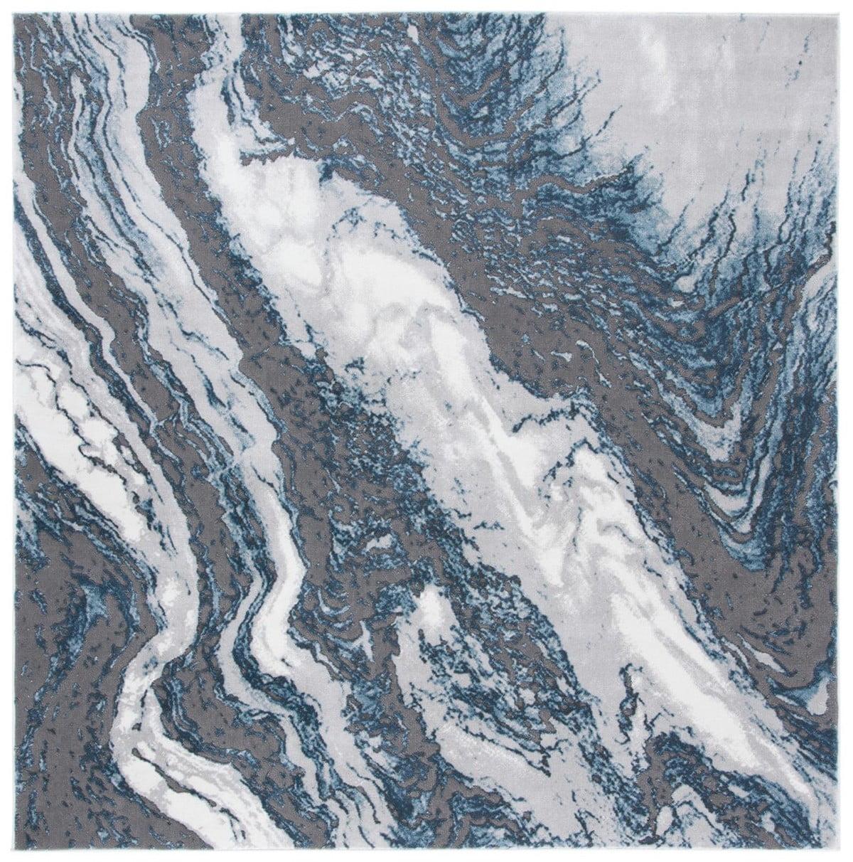 Blue and Grey Abstract Square Synthetic Area Rug