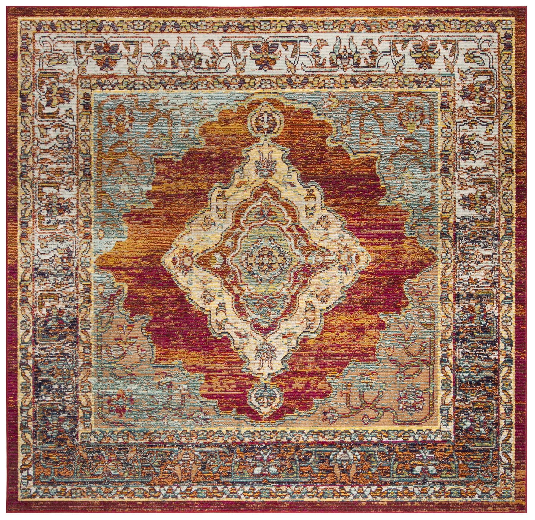 59" Orange and Light Blue Synthetic Oriental Square Rug