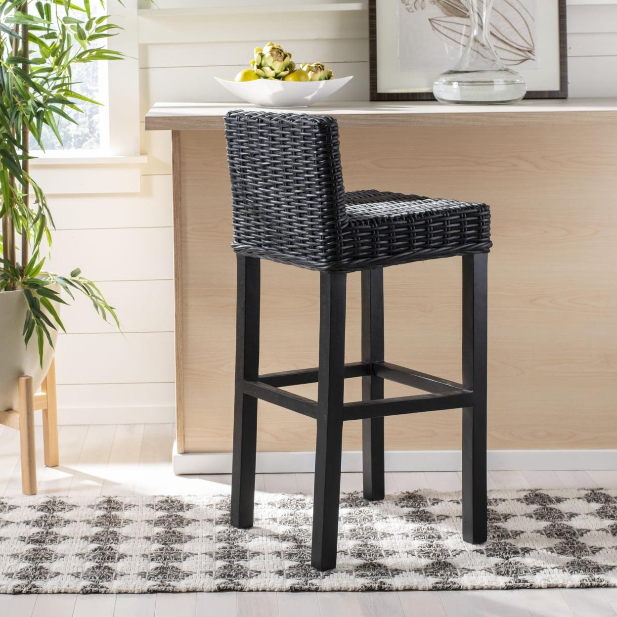 Cypress Black Mango Wood Bar Stool with Rattan Seat