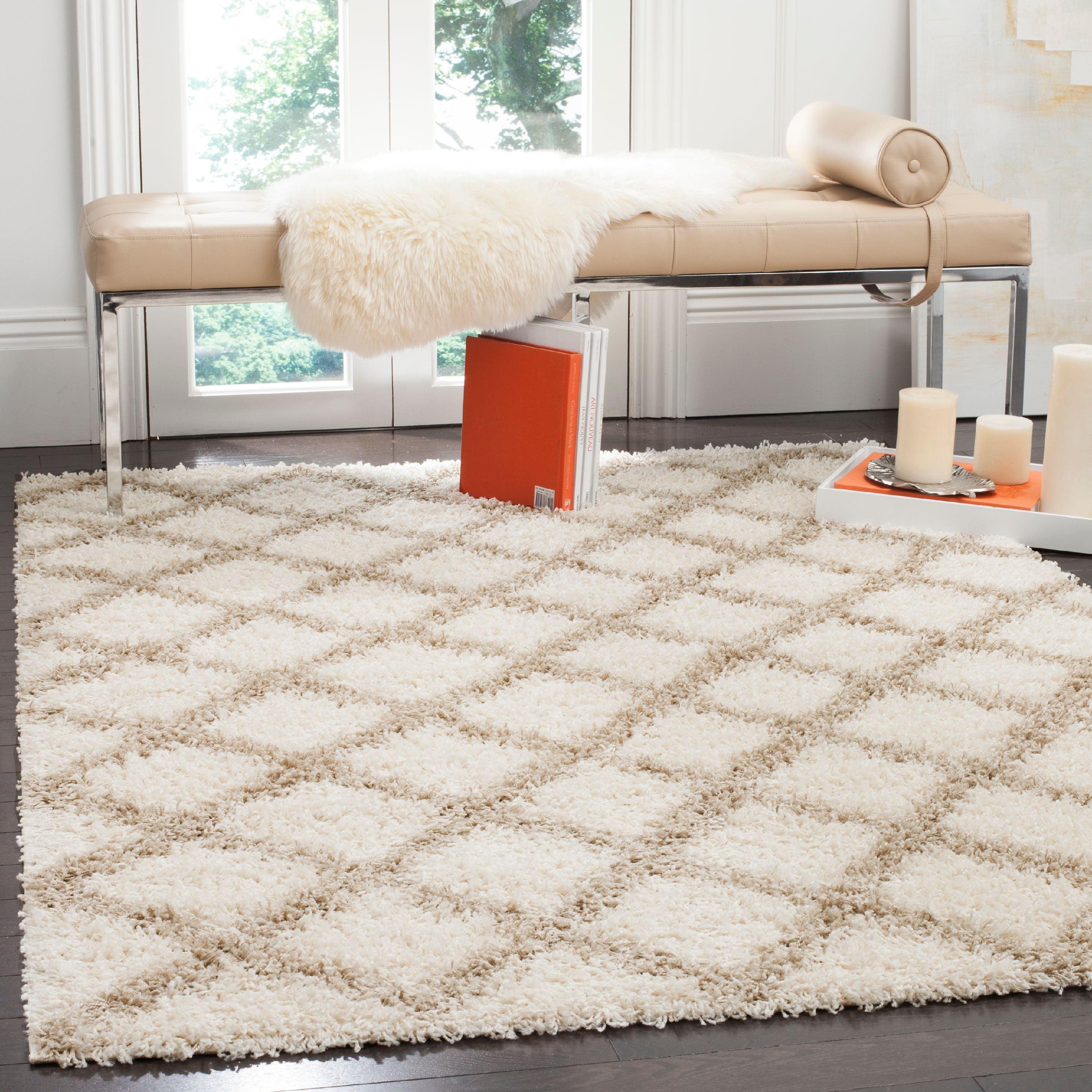 Ivory and Beige High Pile Shag Area Rug