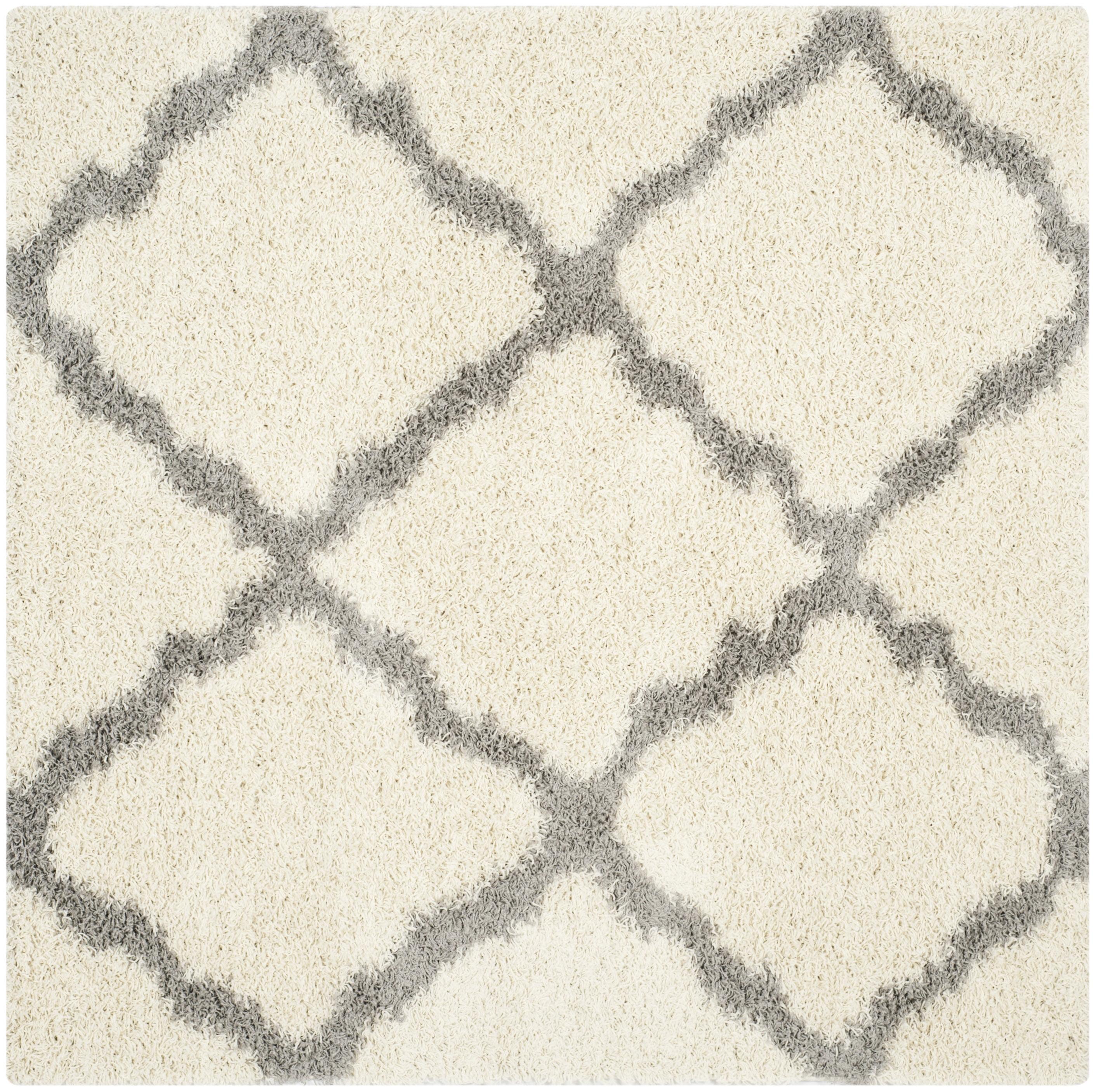 Ivory and Grey Synthetic 4' Square Trellis Shag Rug