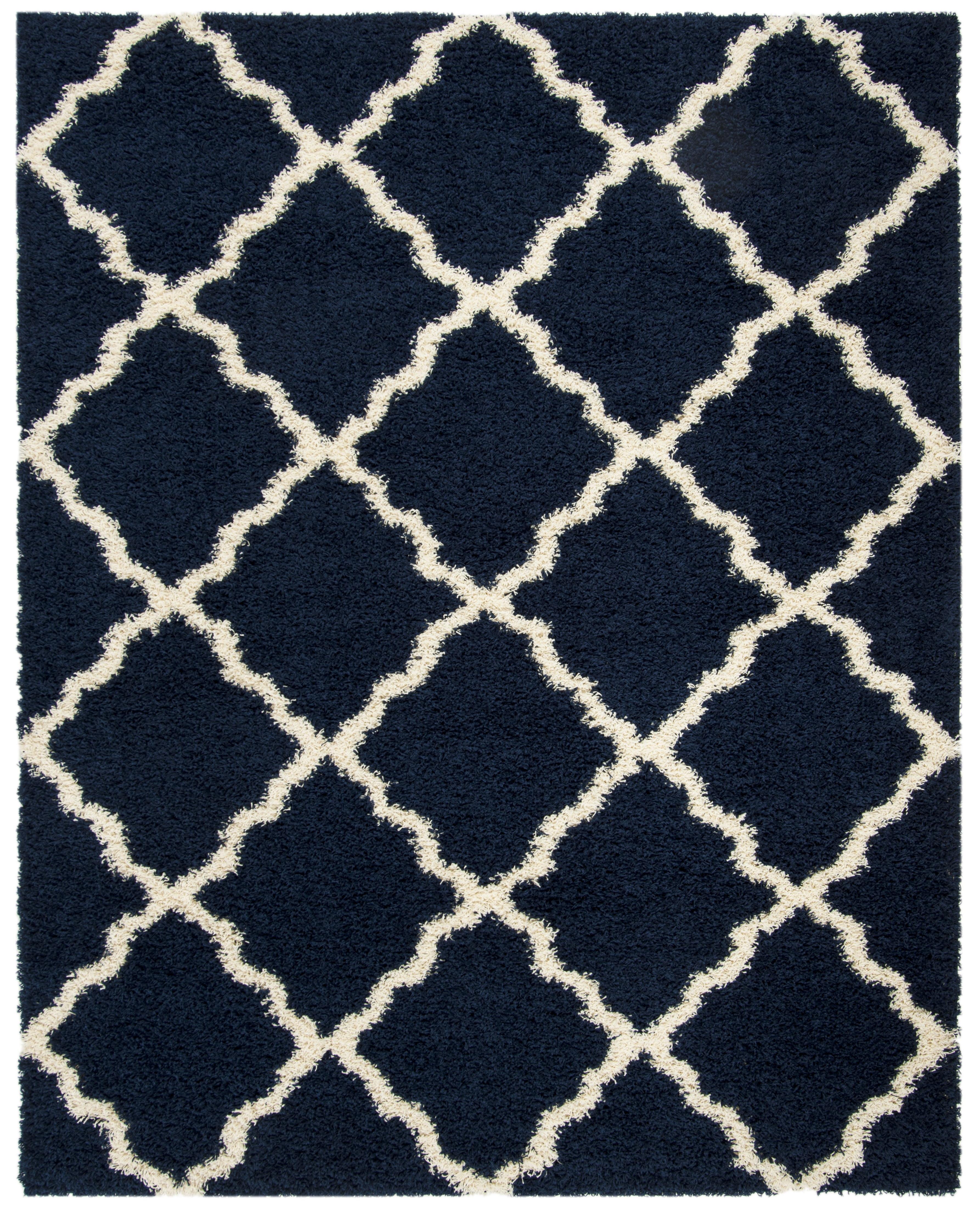 Navy and Ivory High Pile Shag Area Rug, 10' x 14'