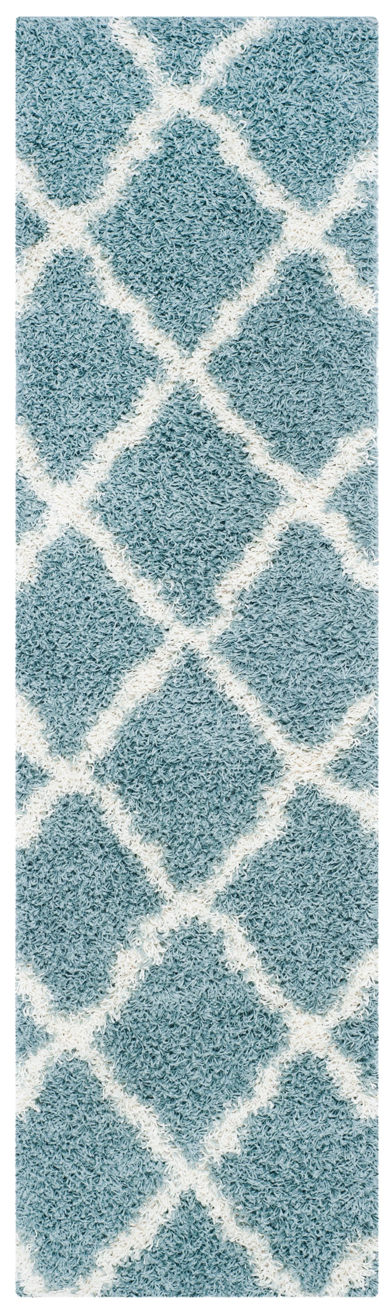 Seafoam and Ivory Hand-knotted Shag Runner Rug