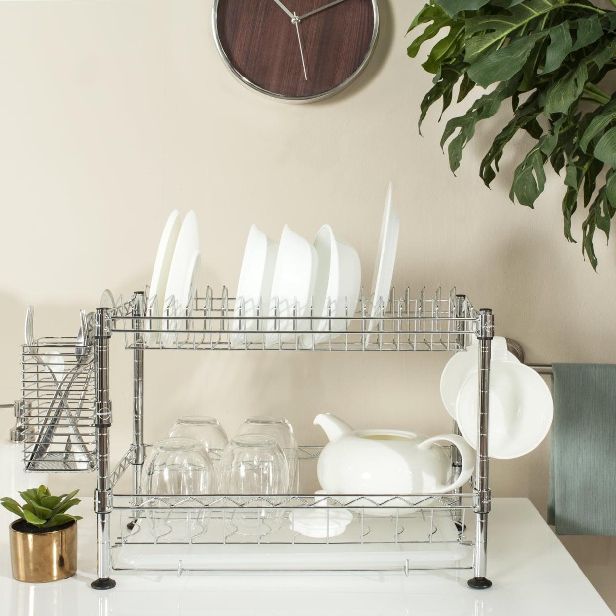 Adjustable Chrome Two-Tier Dish Rack with Utensil Cup