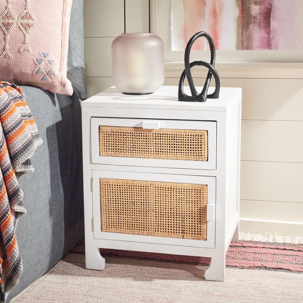 Coastal Charm White Mahogany and Natural Rattan Nightstand