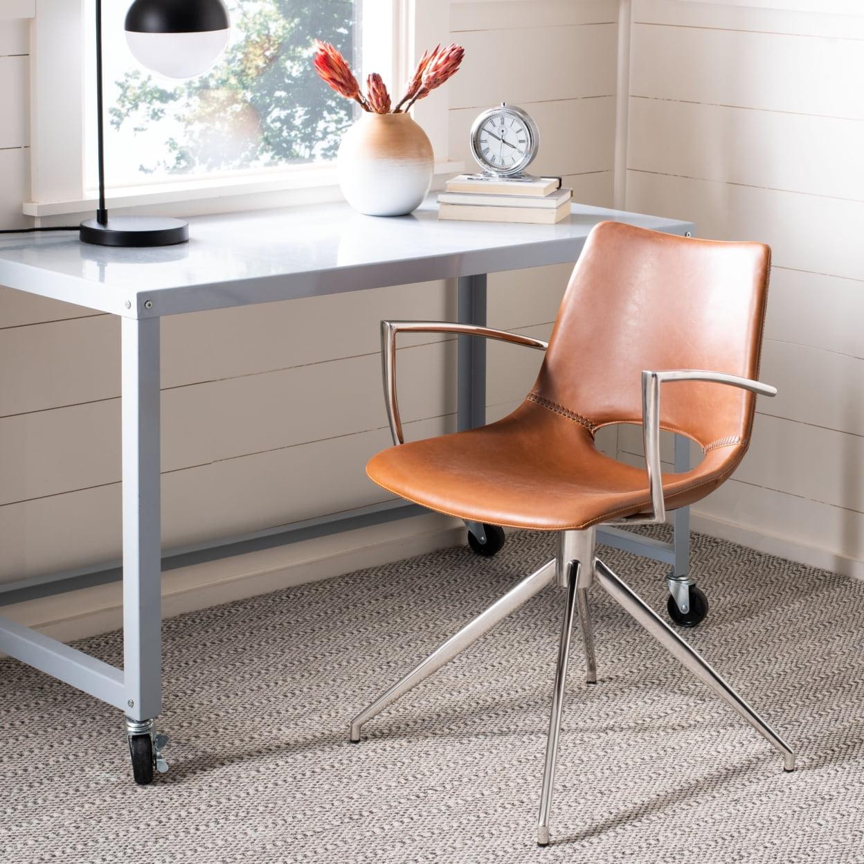 Dawn 32'' Mid-Century Modern Leather Swivel Arm Chair in Light Brown & Stainless Steel