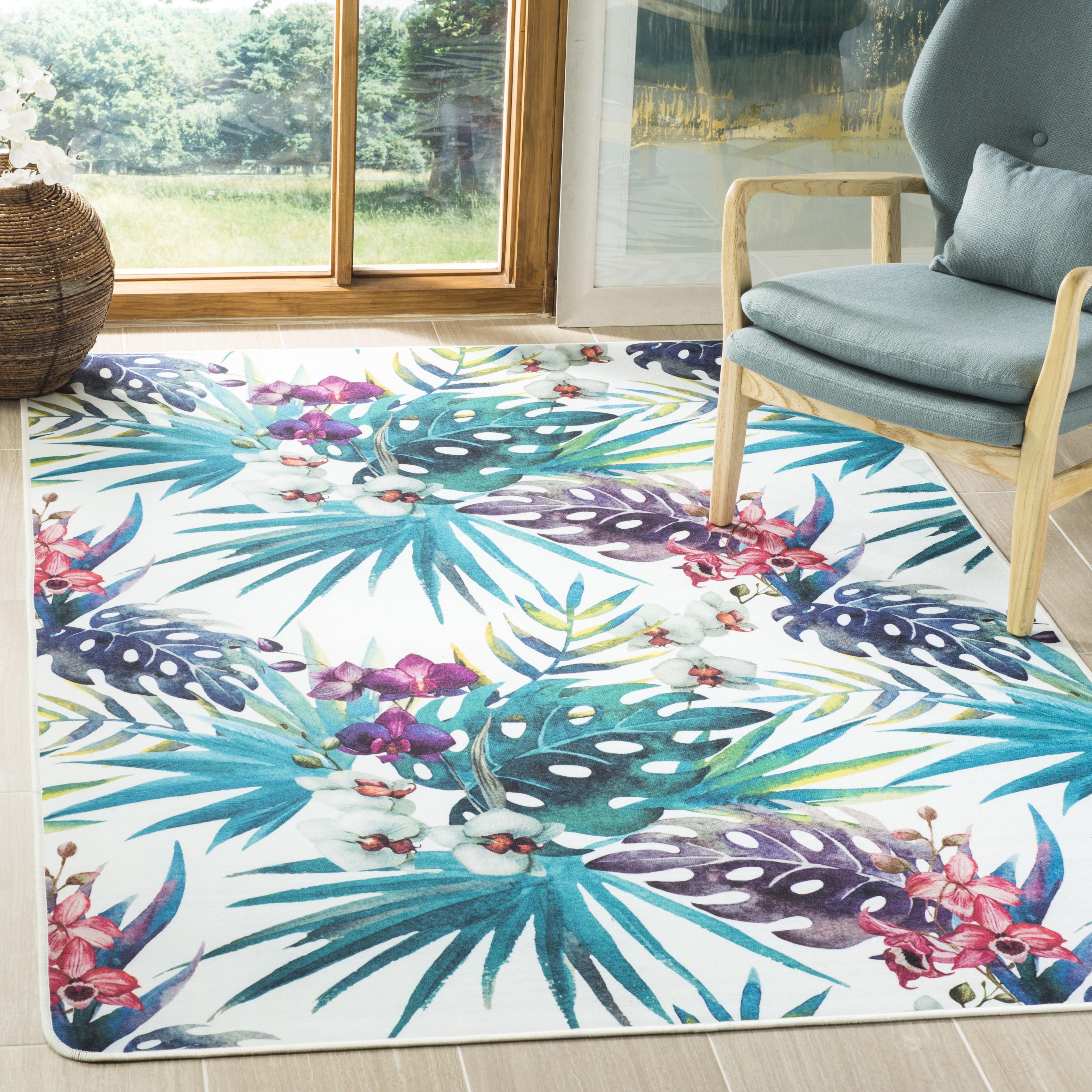 Ivory and Green Tropical Floral Synthetic Area Rug, 5' x 7'