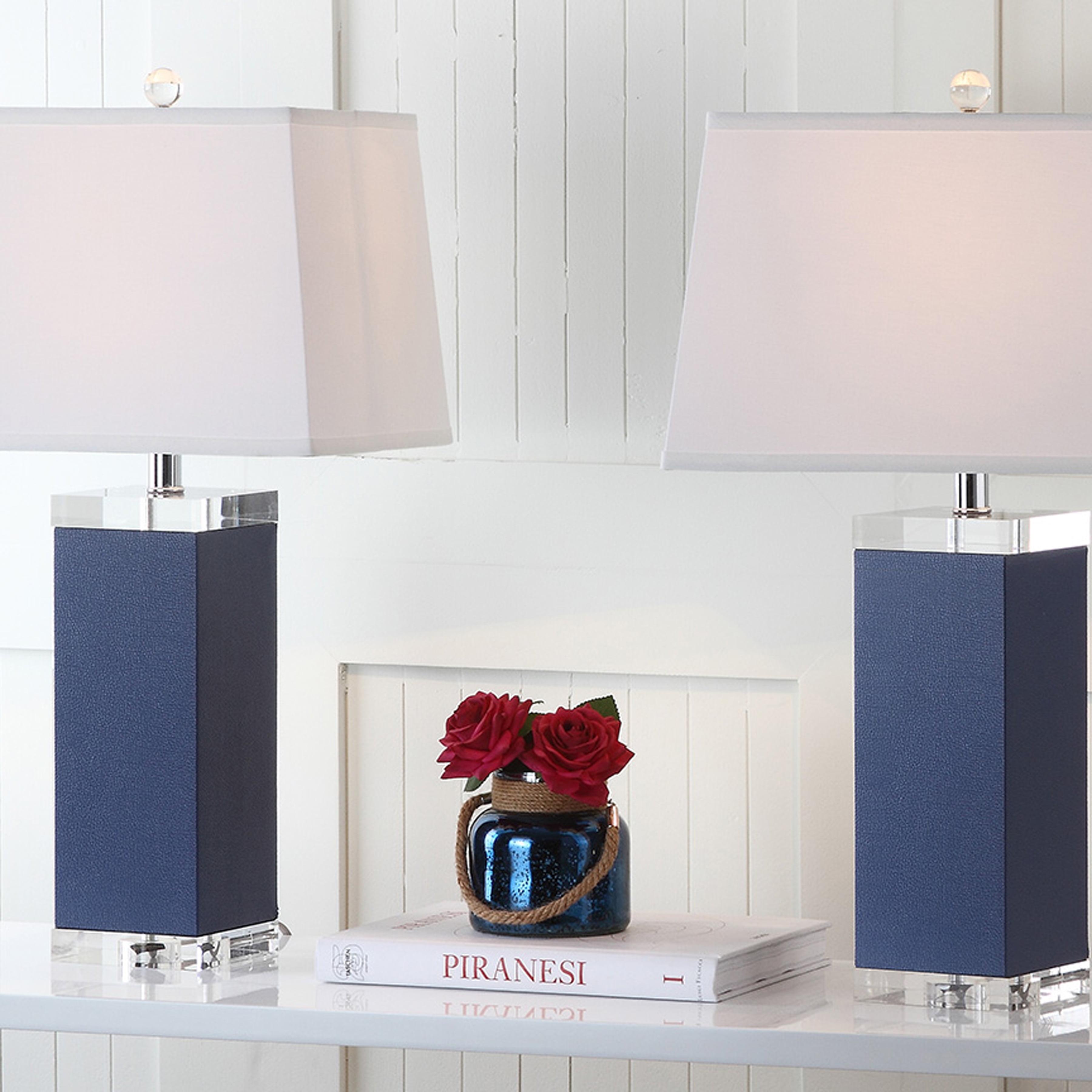 Deco 27 Inch Navy PU Leather Table Lamp Set with Rectangular Shade