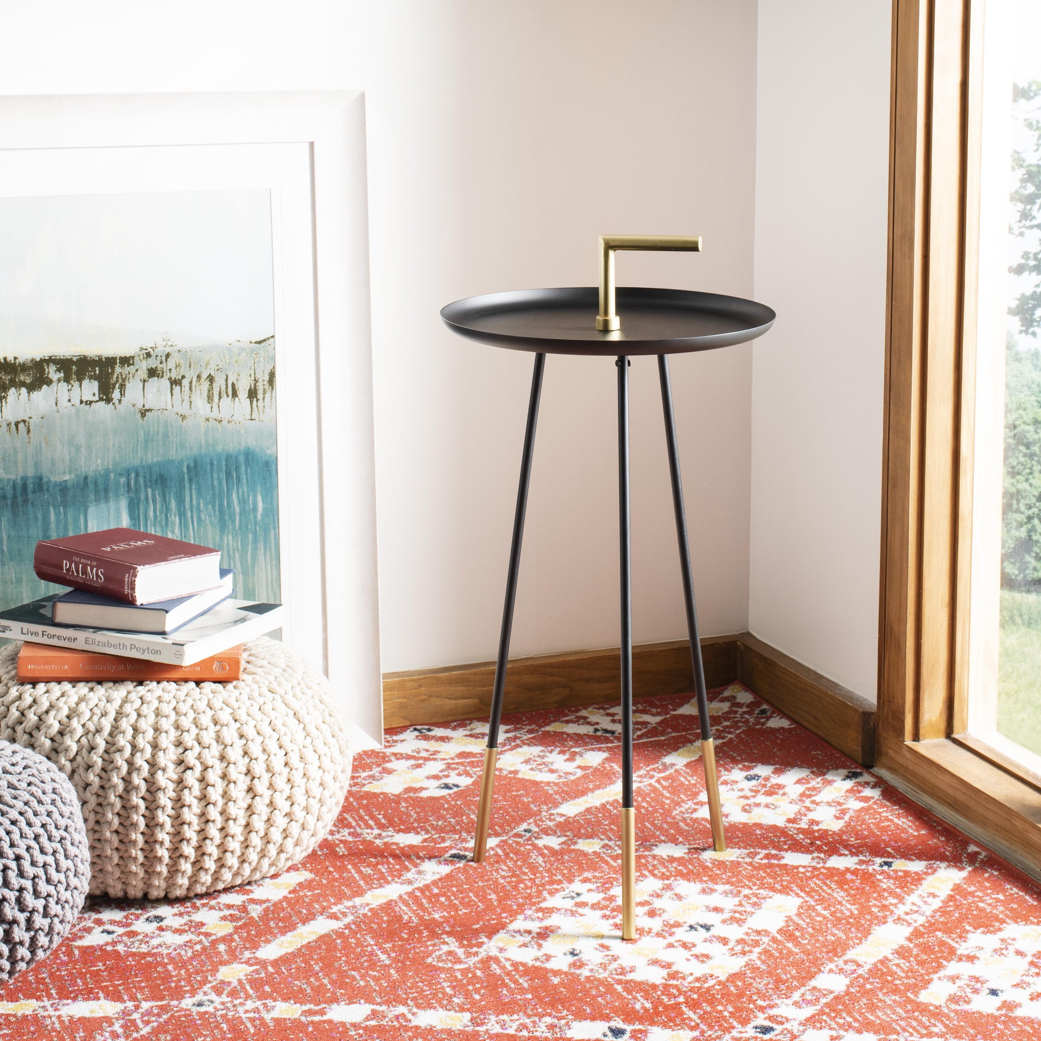 Transitional Round Black & Gold Metal-Wood Side Table with Handle