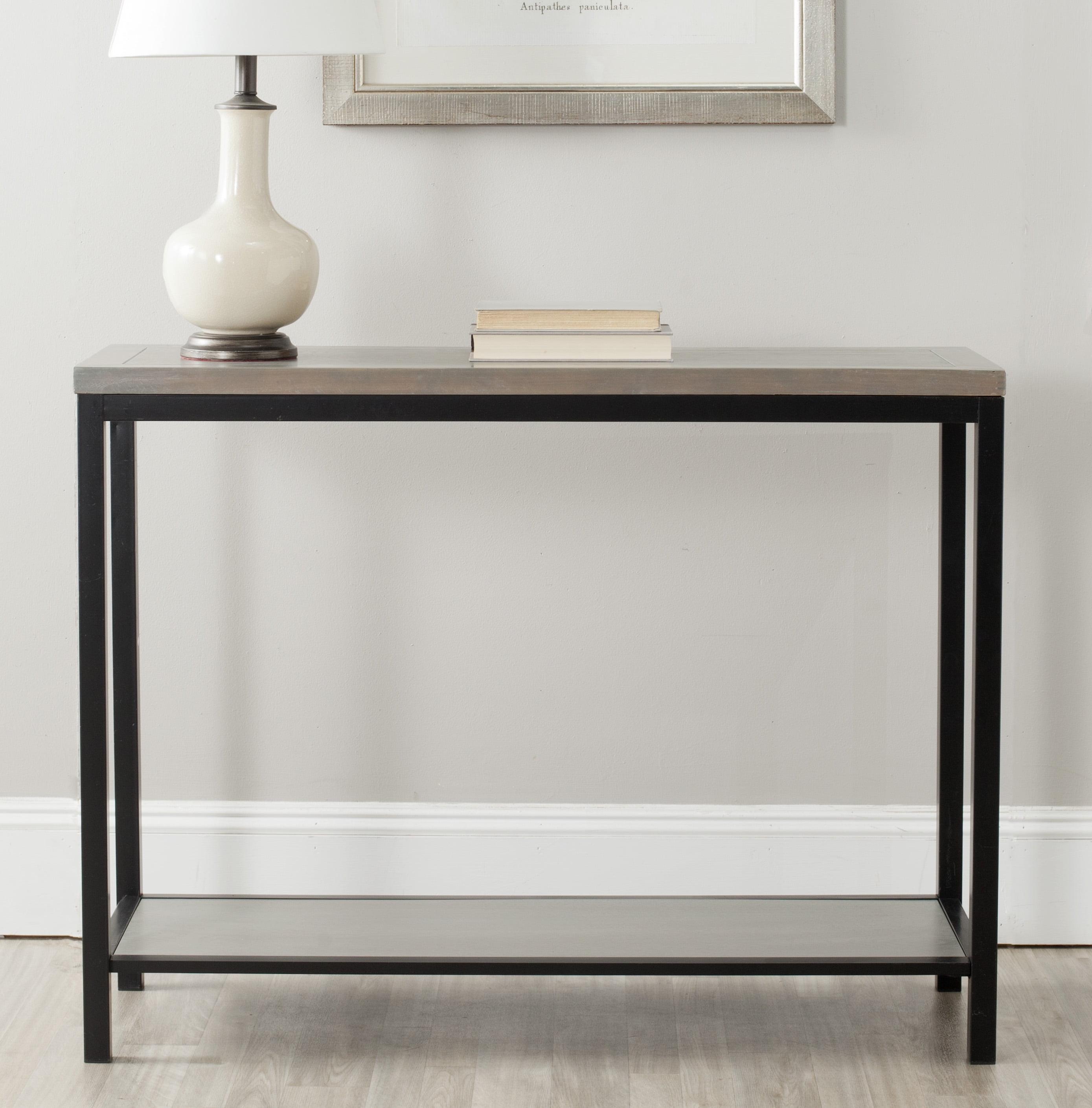 Transitional Ash Grey Elm Wood Console Table with Metal Legs and Storage