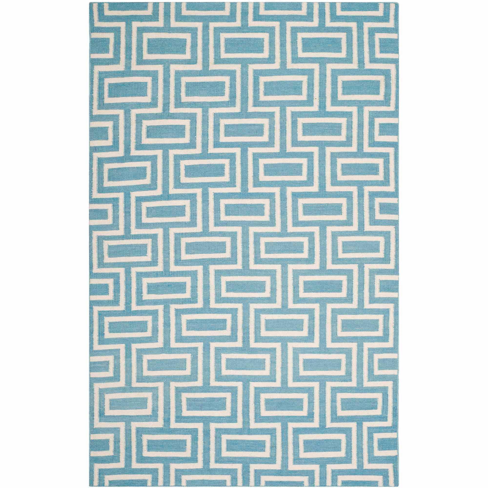 SAFAVIEH Dhurrie Abigail Geometric Moroccan Wool Area Rug, Light Blue/Ivory, 6' x 9'