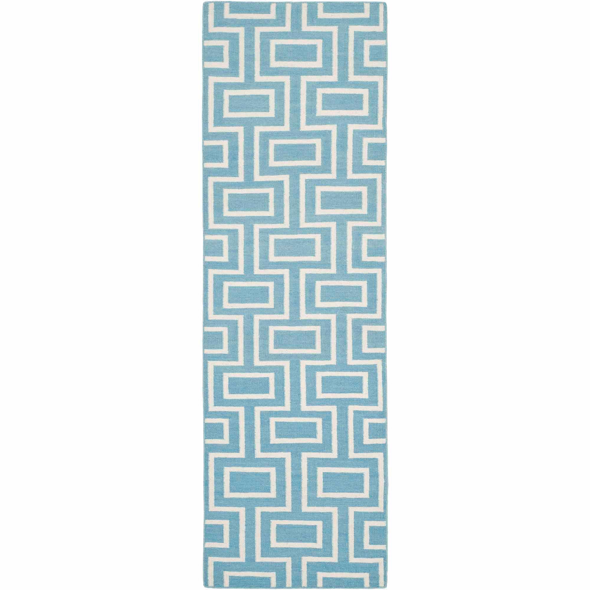 SAFAVIEH Dhurrie Abigail Geometric Moroccan Wool Runner Rug, Light Blue/Ivory, 2'6" x 8'