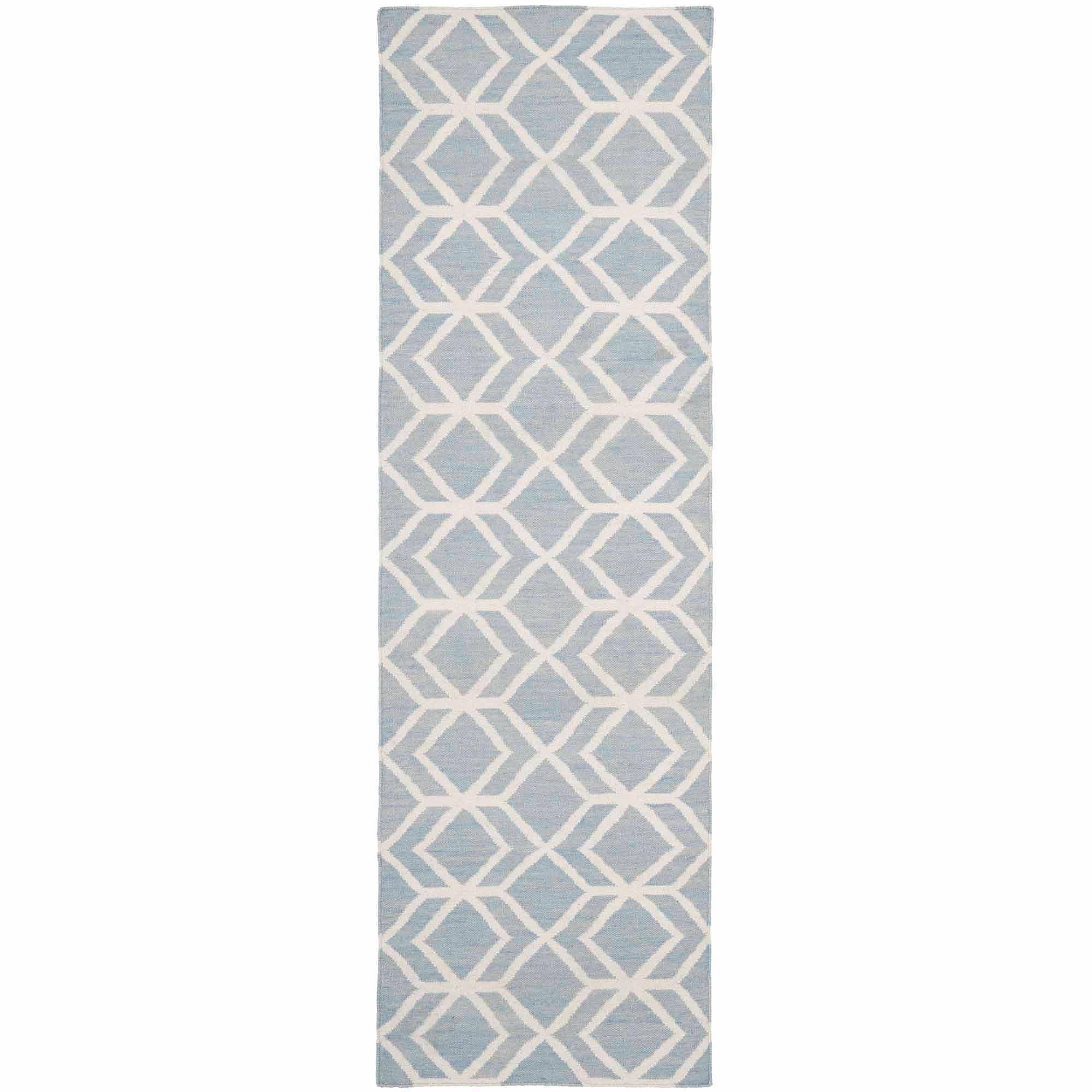 Blue and Ivory Geometric Wool Runner Rug, 2'6" x 6'