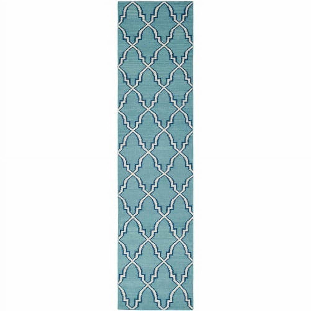 Light Blue and Ivory Wool Flatweave Runner Rug, 2'6" x 10'