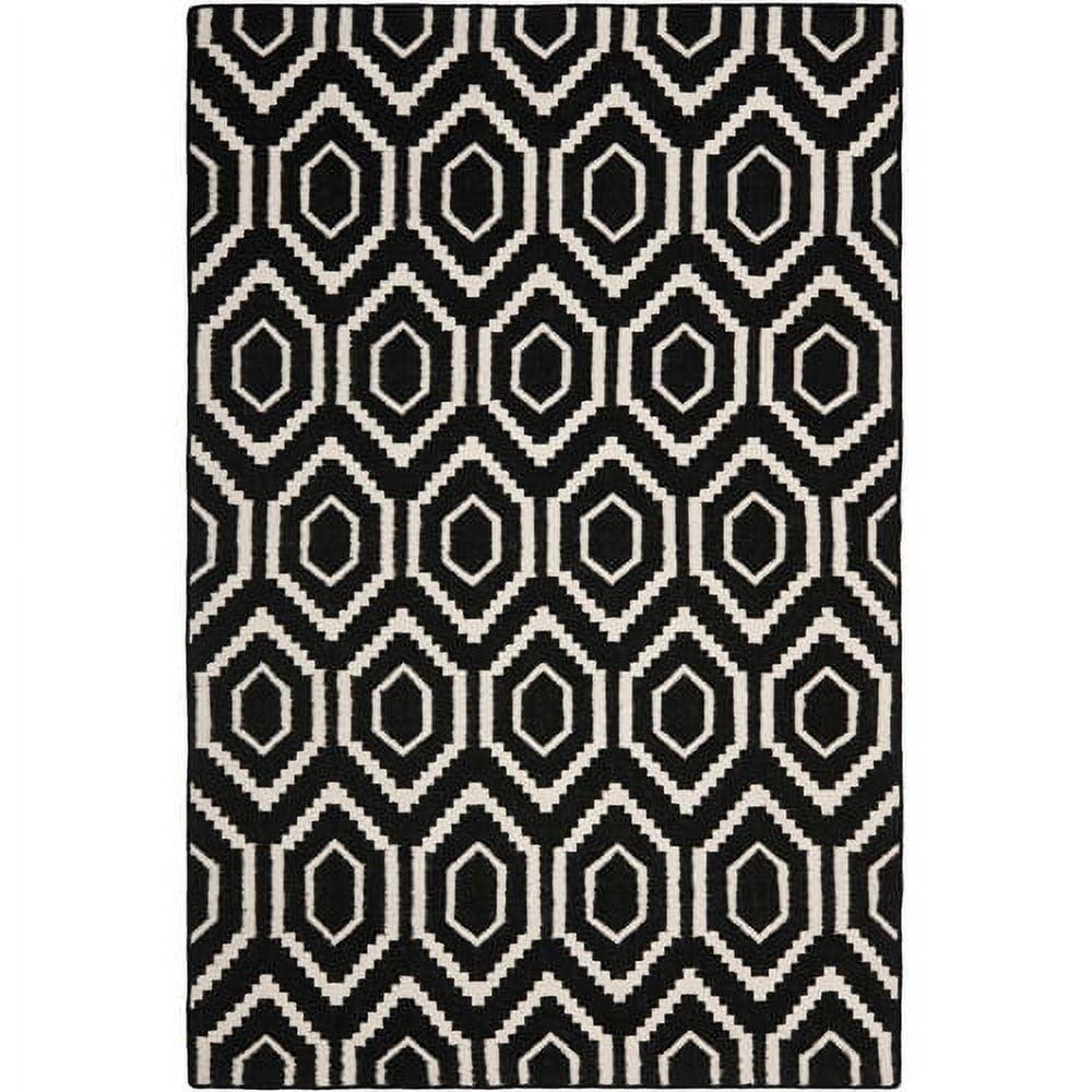 Black and Ivory Geometric Wool Flat Woven Area Rug, 5' x 8'