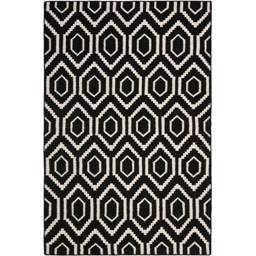 Handwoven Geometric Black and Ivory Wool Round Rug, 95"