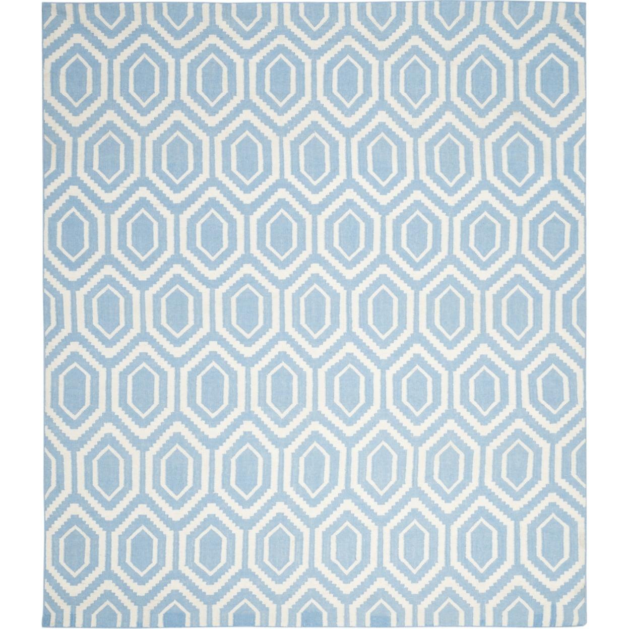 Handwoven Blue and Ivory Geometric Wool Area Rug, 5' x 8'