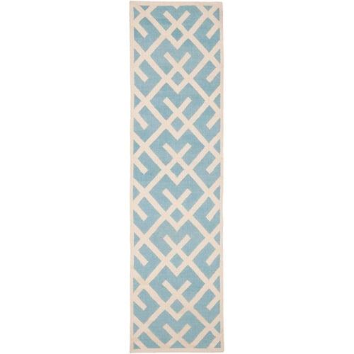 Light Blue Ivory Geometric Wool Runner Rug, 2'6" x 10'