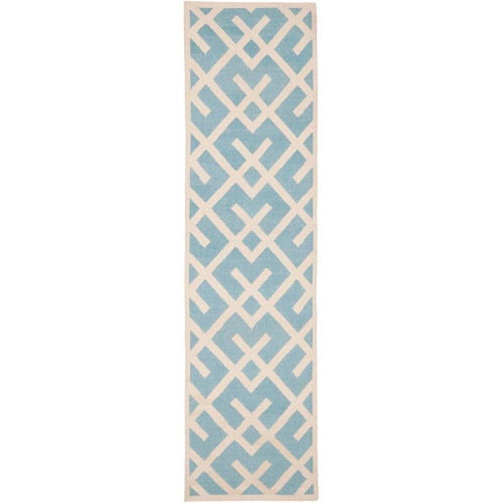 Light Blue Ivory Geometric Wool Runner Rug, 2'6" x 10'