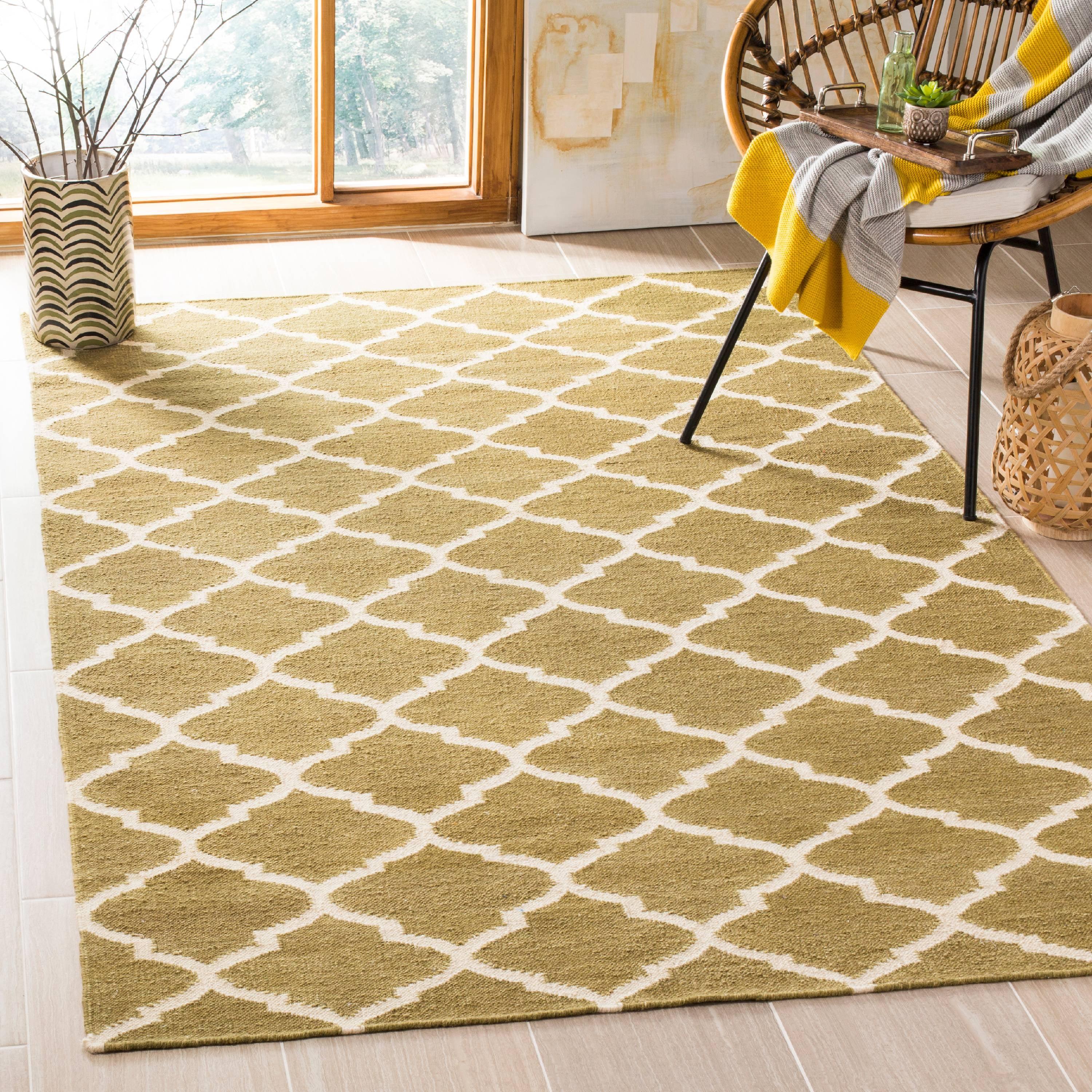 Handwoven Beige Geometric Wool Rug 4' x 6' - Reversible and Flat Woven