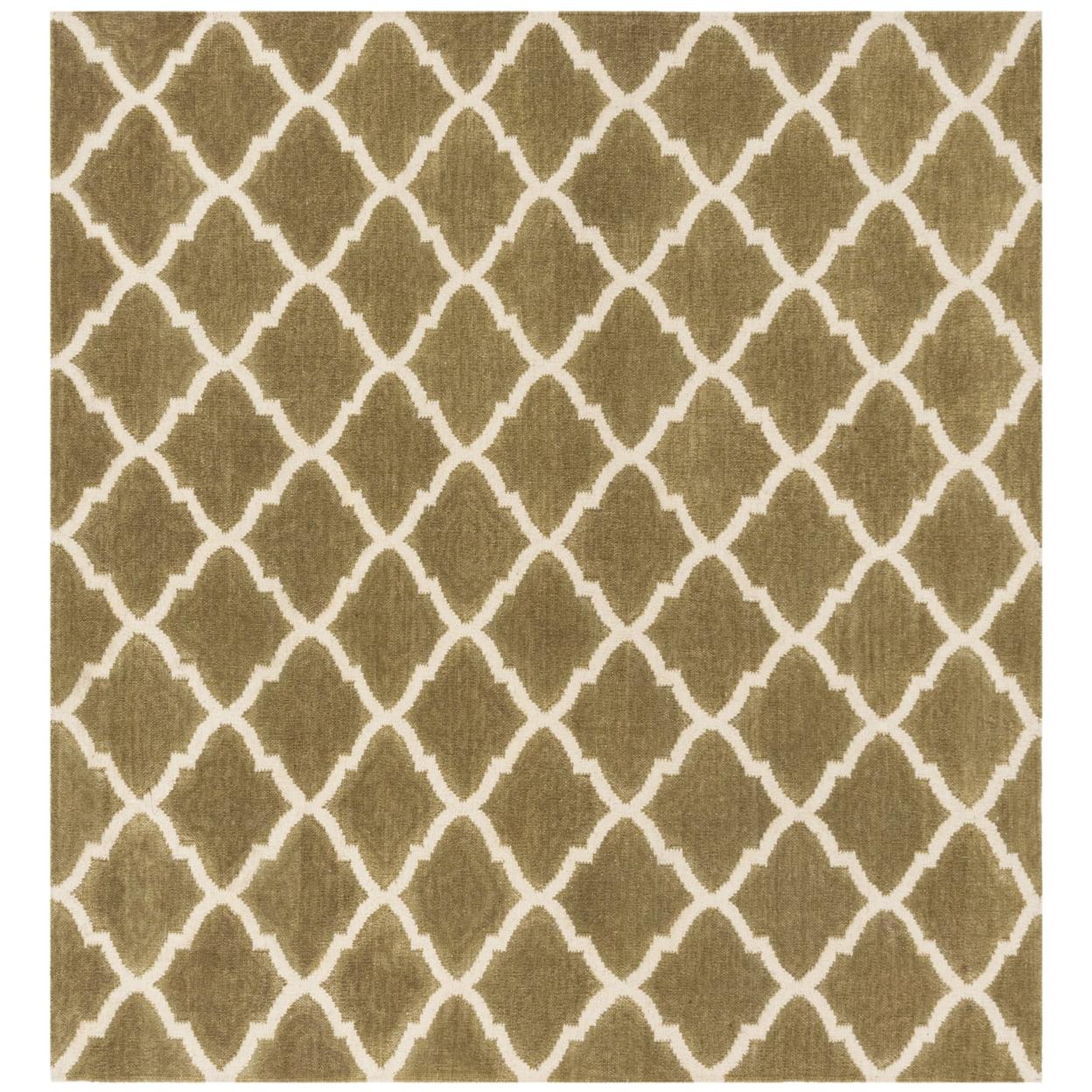 Ivory and Green Handmade Wool Flat Woven Square Rug