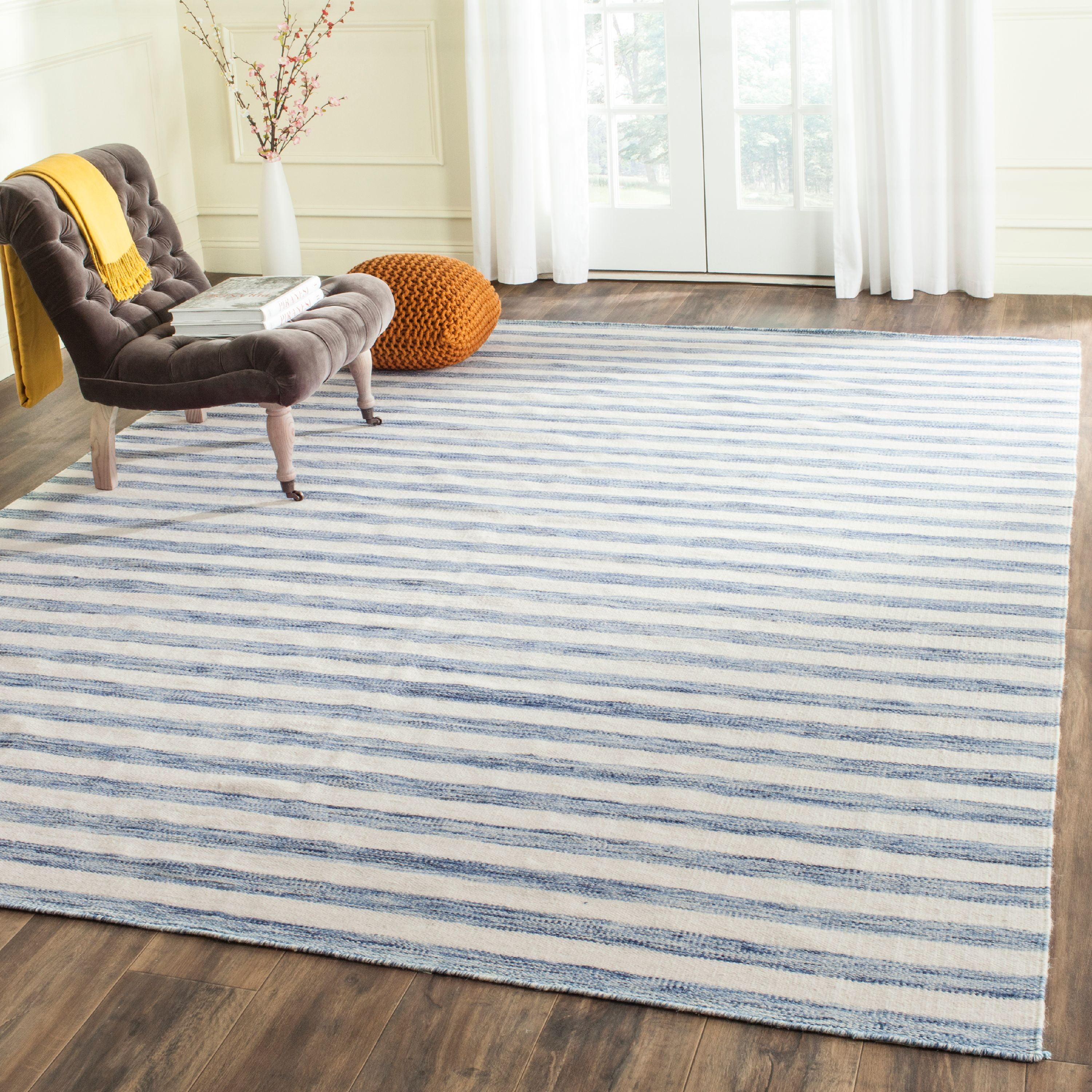 6' x 9' Blue Ivory Wool Flat Woven Handmade Reversible Rug