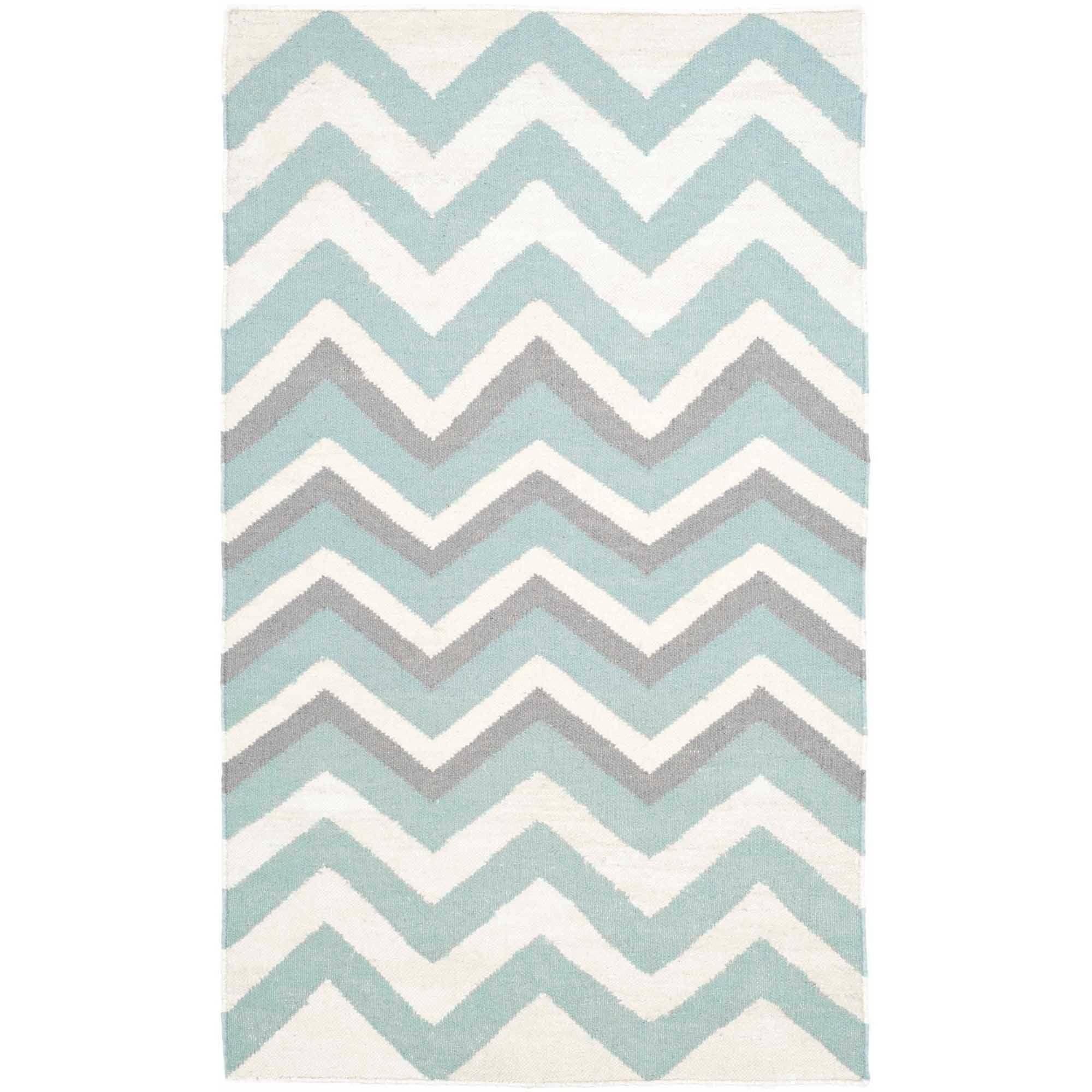 Blue and White Chevron Flat Woven Wool Area Rug, 3' x 5'