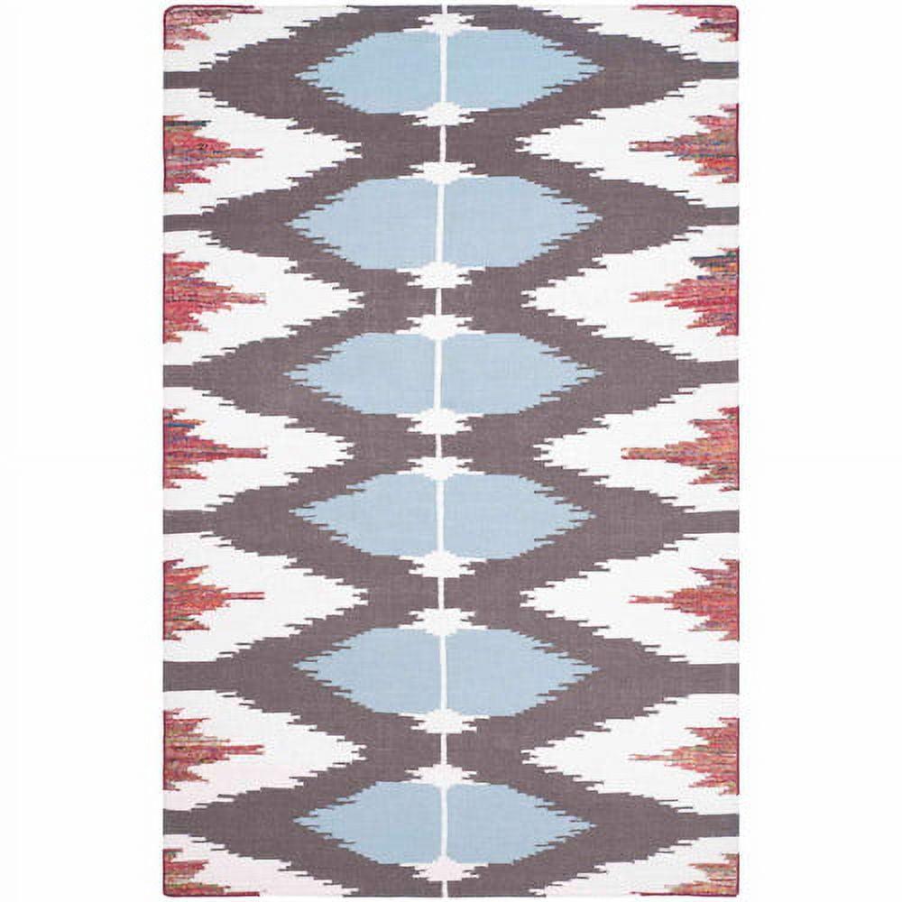 Handwoven Geometric Blue Wool Square Area Rug, 5' x 8'