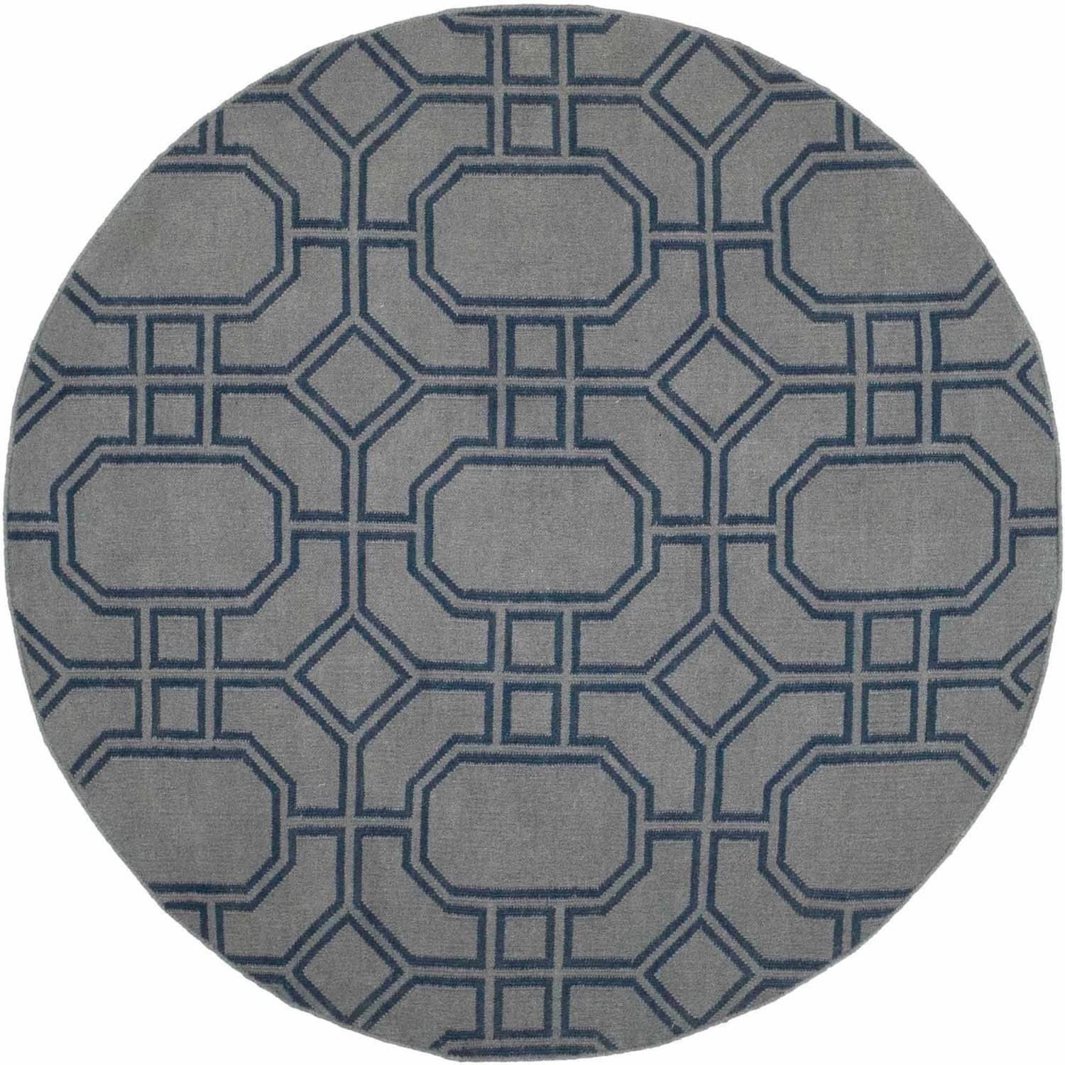 SAFAVIEH Dhurrie Sebastian Geometric Wool Area Rug, Grey/Dark Blue, 6' x 6' Round