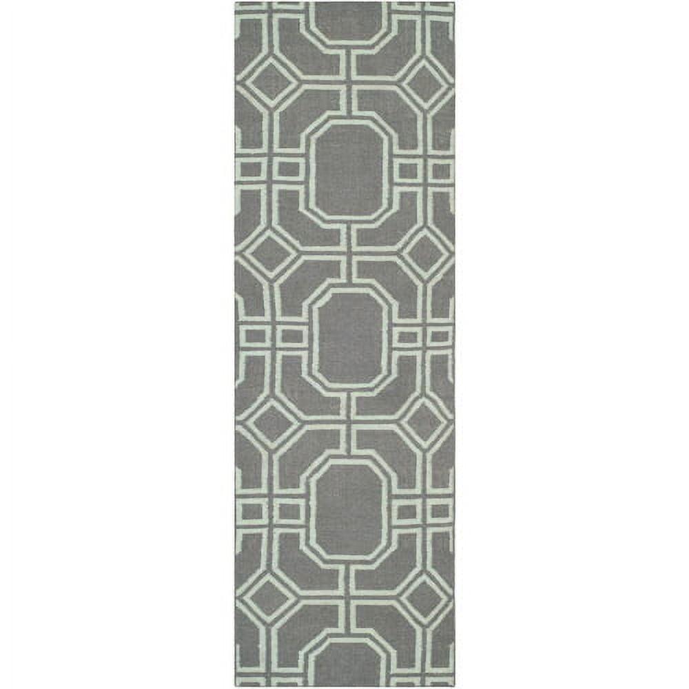 Grey and Light Blue Geometric Wool Runner Rug, 2'6" x 8'