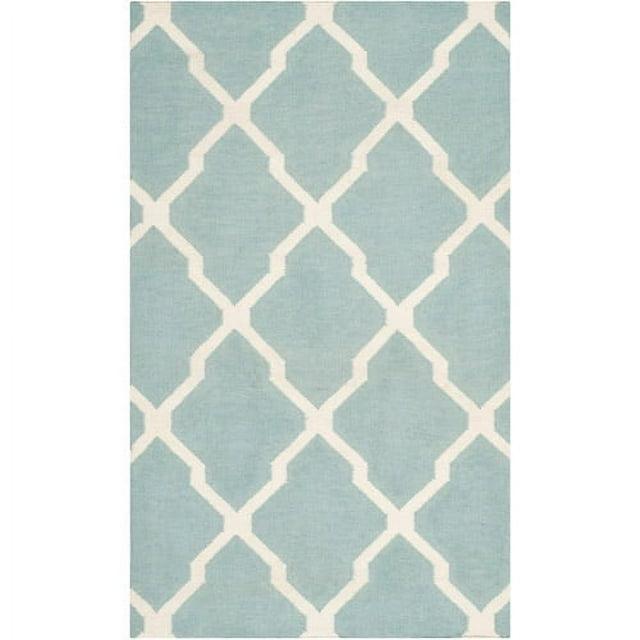 Dhurrie Hand Woven Flat Weave Wool/Cotton Geometric Rug in Light Blue/Ivory