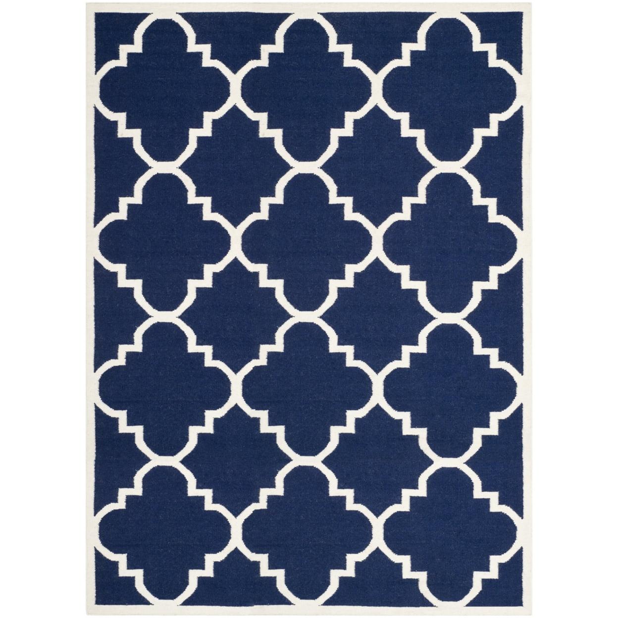 Ivory and Navy Square Handmade Wool Geometric Rug - 6' x 6'