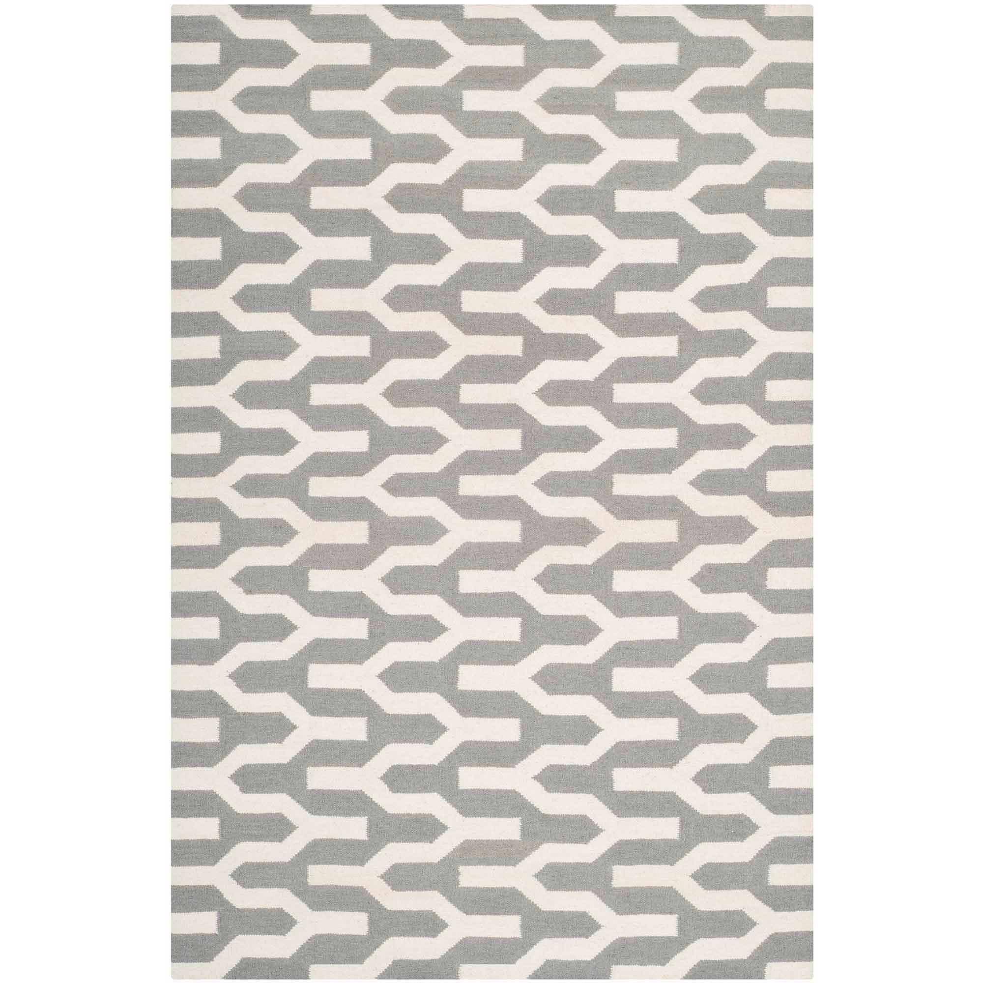 SAFAVIEH Dhurrie Tristen Geometric Moroccan Wool Area Rug, Silver/Ivory, 5' x 8'