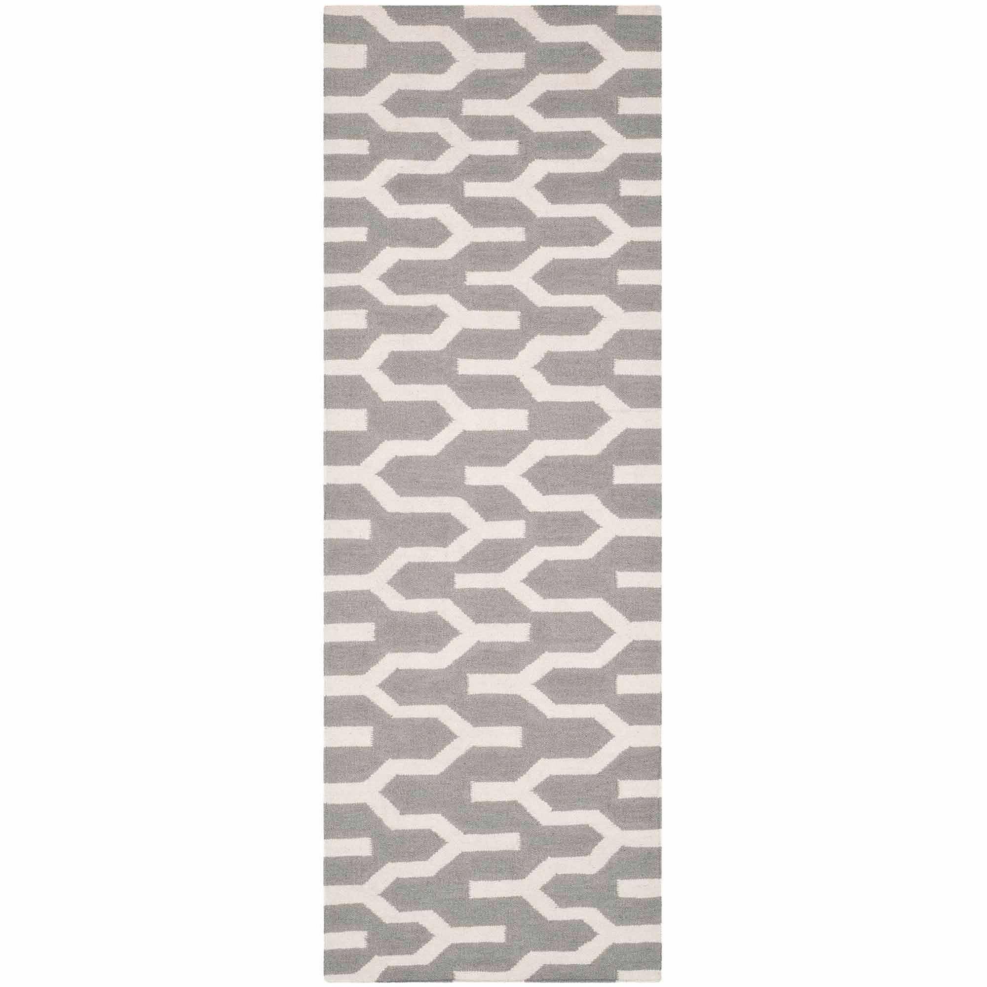 Silver Ivory Geometric Wool Flat Woven Runner Rug