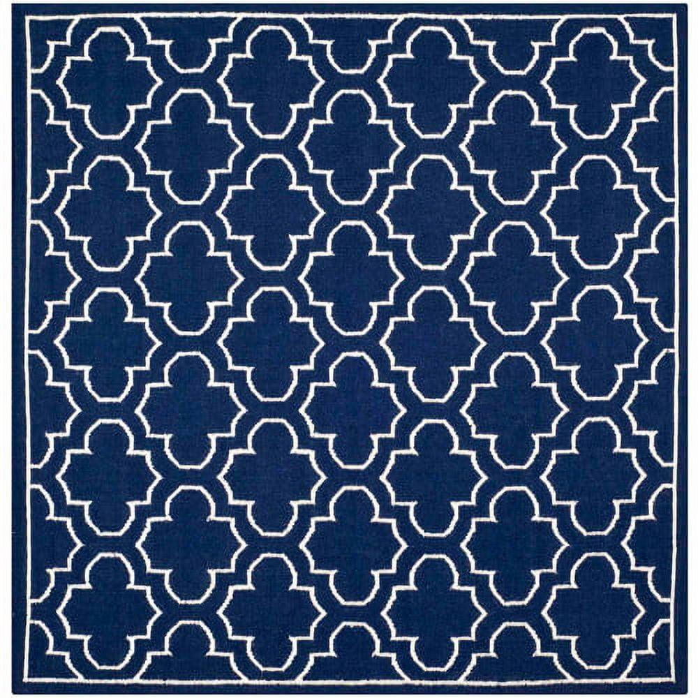 Handwoven Navy/Ivory Geometric Square Wool & Silk Rug, 7' x 7'