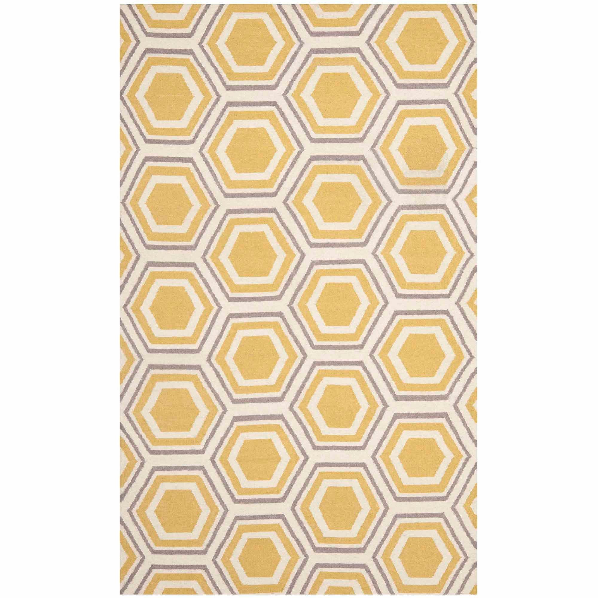 Ivory and Yellow Geometric Hexagon Wool Area Rug, 4' x 6'