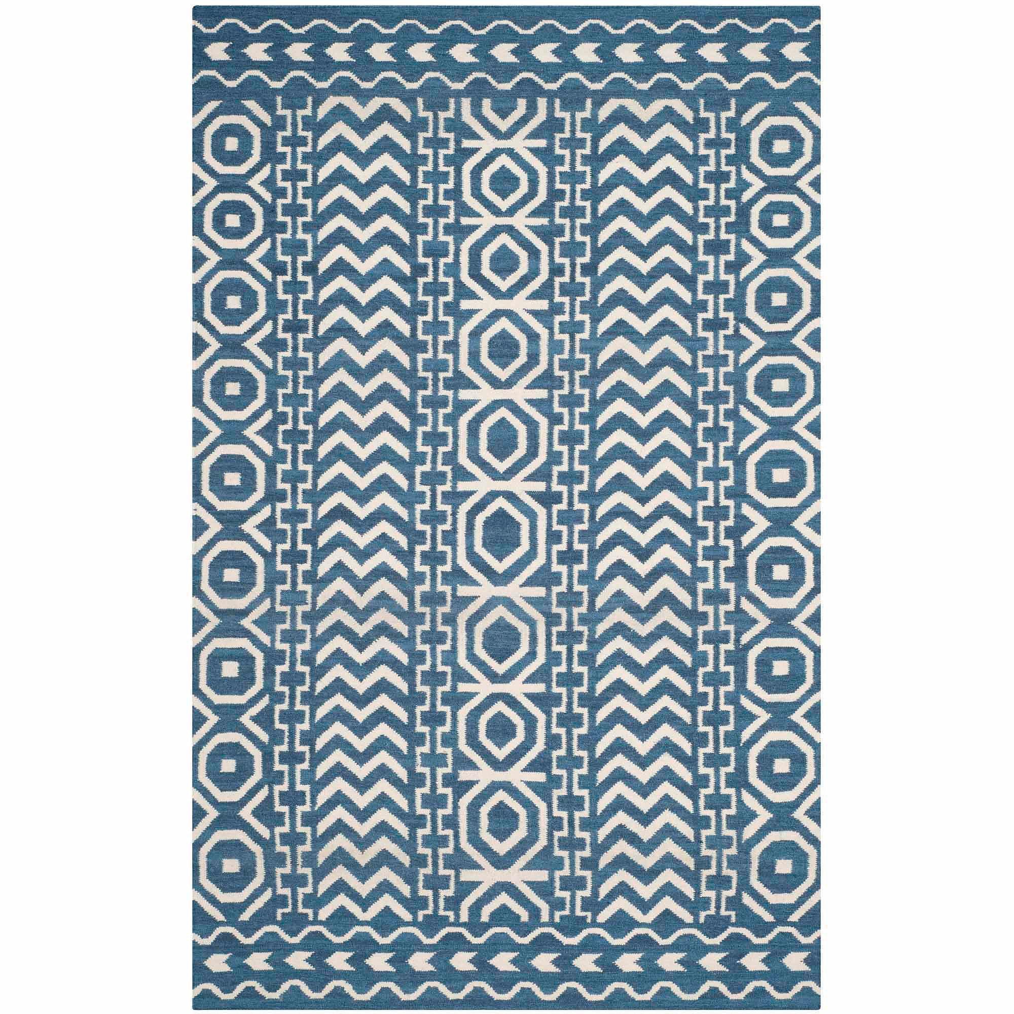 Handmade Flat Woven Blue Wool 5' x 8' Reversible Rug