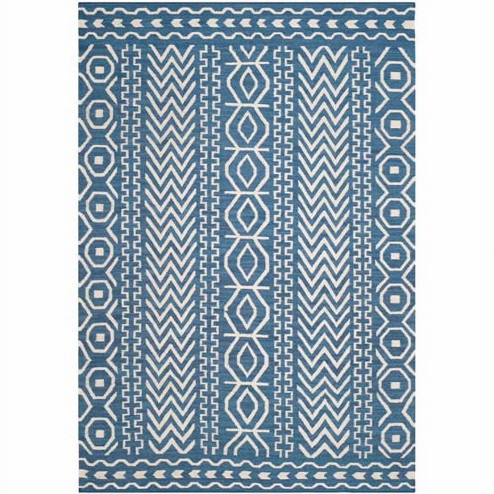 Dark Blue and Ivory Geometric Wool Cotton Area Rug, 6' x 9'