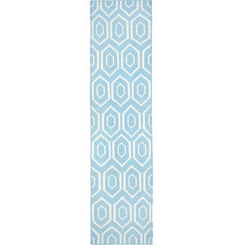 Dhurries Hand Woven Flat Weave Wool/Cotton Geometric Rug in Ivory/Blue
