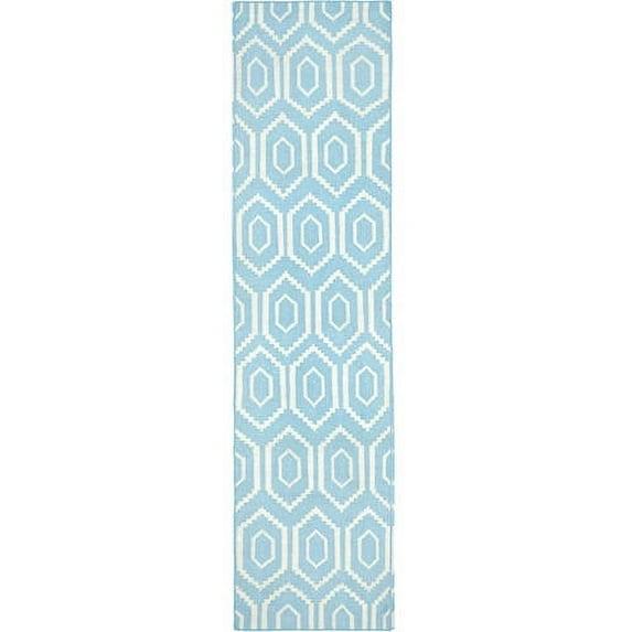 Dhurries Hand Woven Flat Weave Wool/Cotton Geometric Rug in Ivory/Blue