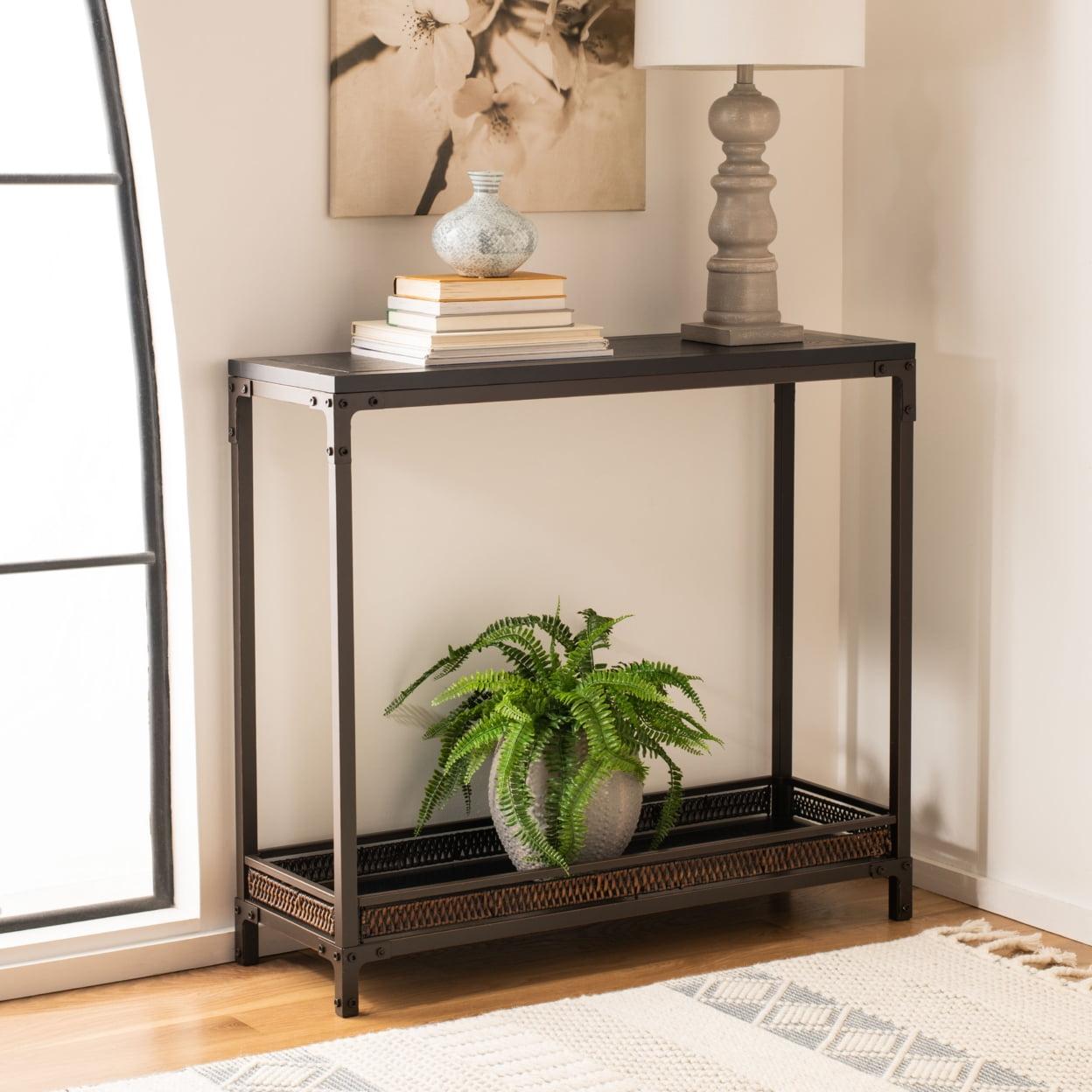 Transitional Black and Dark Walnut Console Table with Storage Shelf