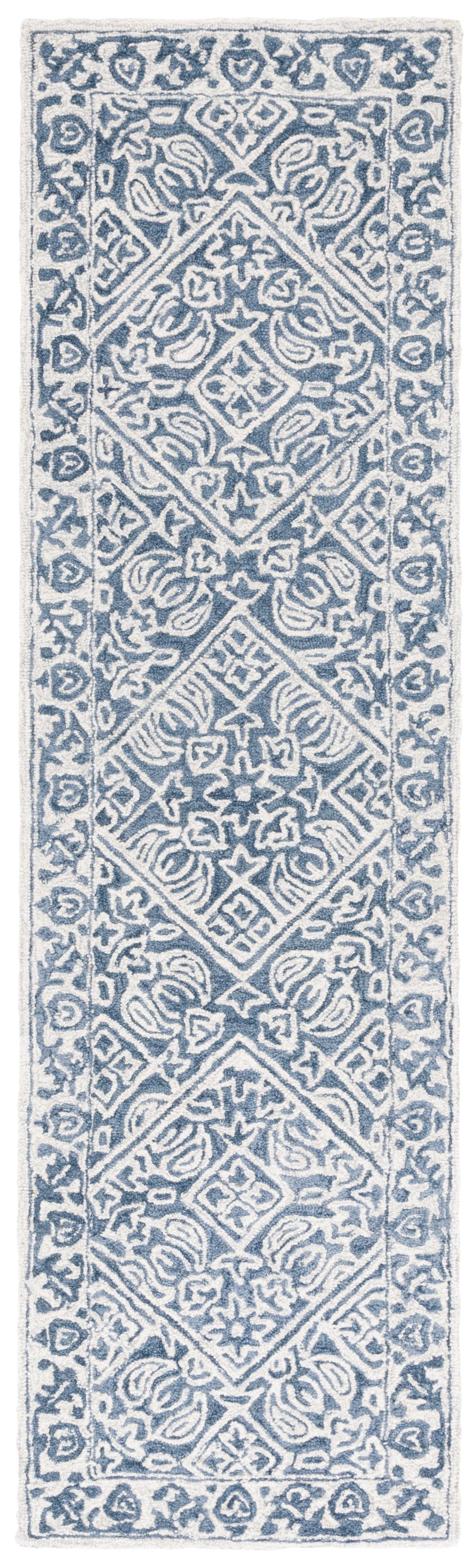 Blue and Ivory Tufted Wool Floral Runner Rug