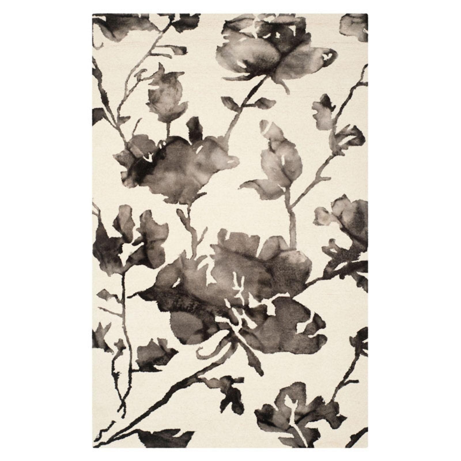 SAFAVIEH Dip Dye Kayla Overdyed Floral Wool Area Rug, Ivory/Charcoal, 5' x 5' Square